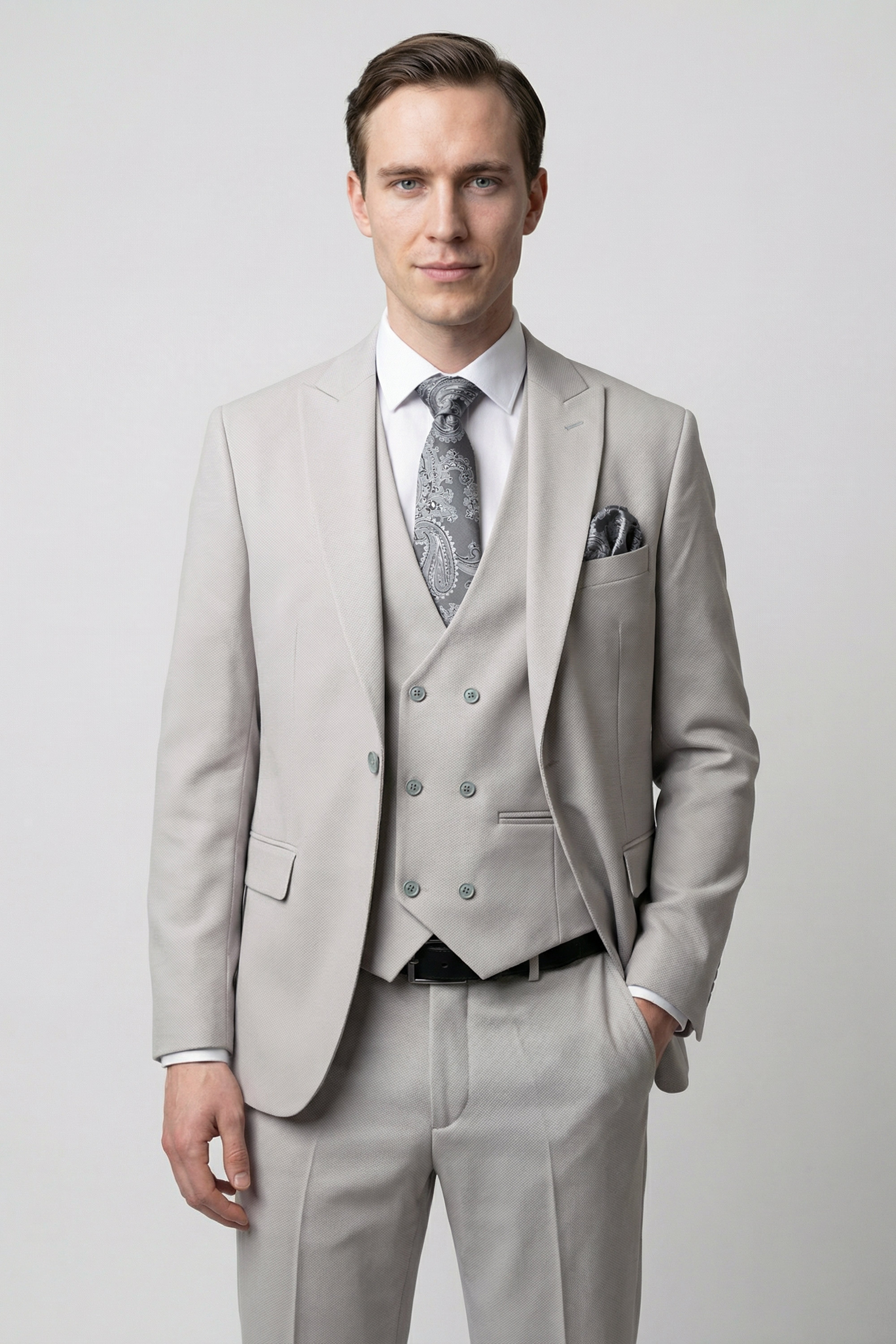 Men’s 3-Piece Textured Formal Suit with Double Breasted Waistcoat - Core - Stone Grey Model picture