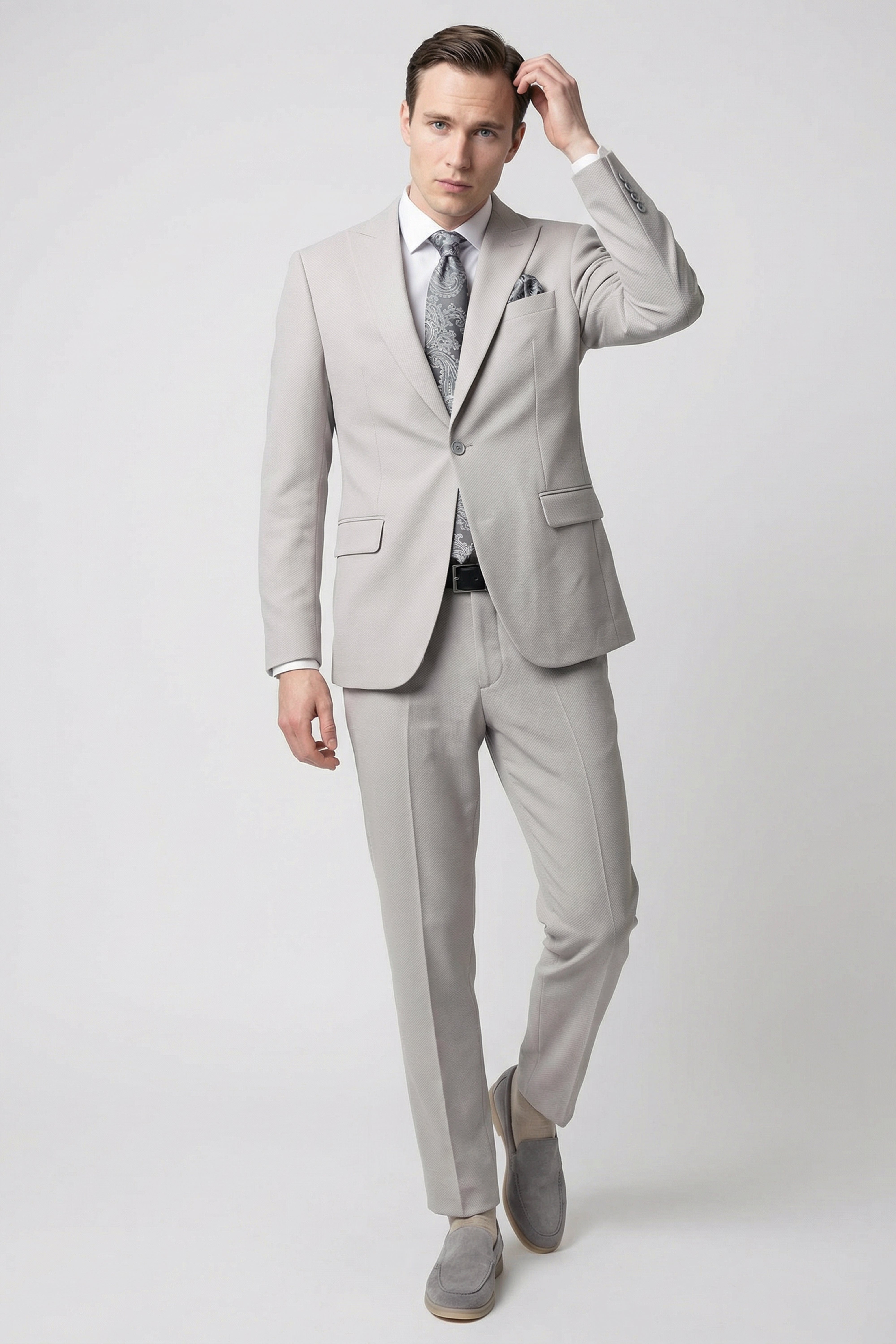 Men’s 3-Piece Textured Formal Suit with Double Breasted Waistcoat - Core - Stone Grey Front Picture