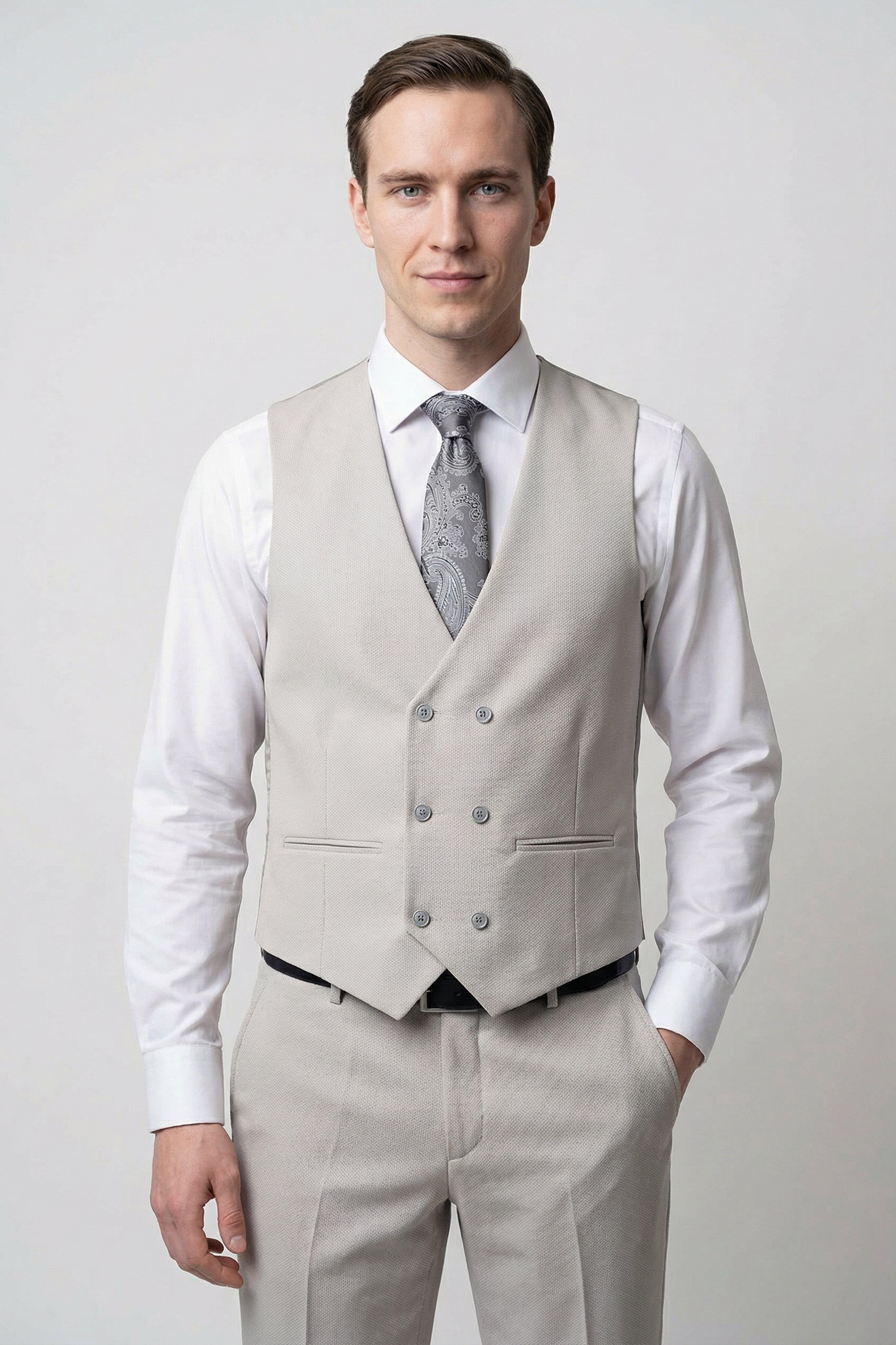 Men’s 3-Piece Textured Formal Suit with Double Breasted Waistcoat - Core - Stone Grey Model Waistcoat Picture