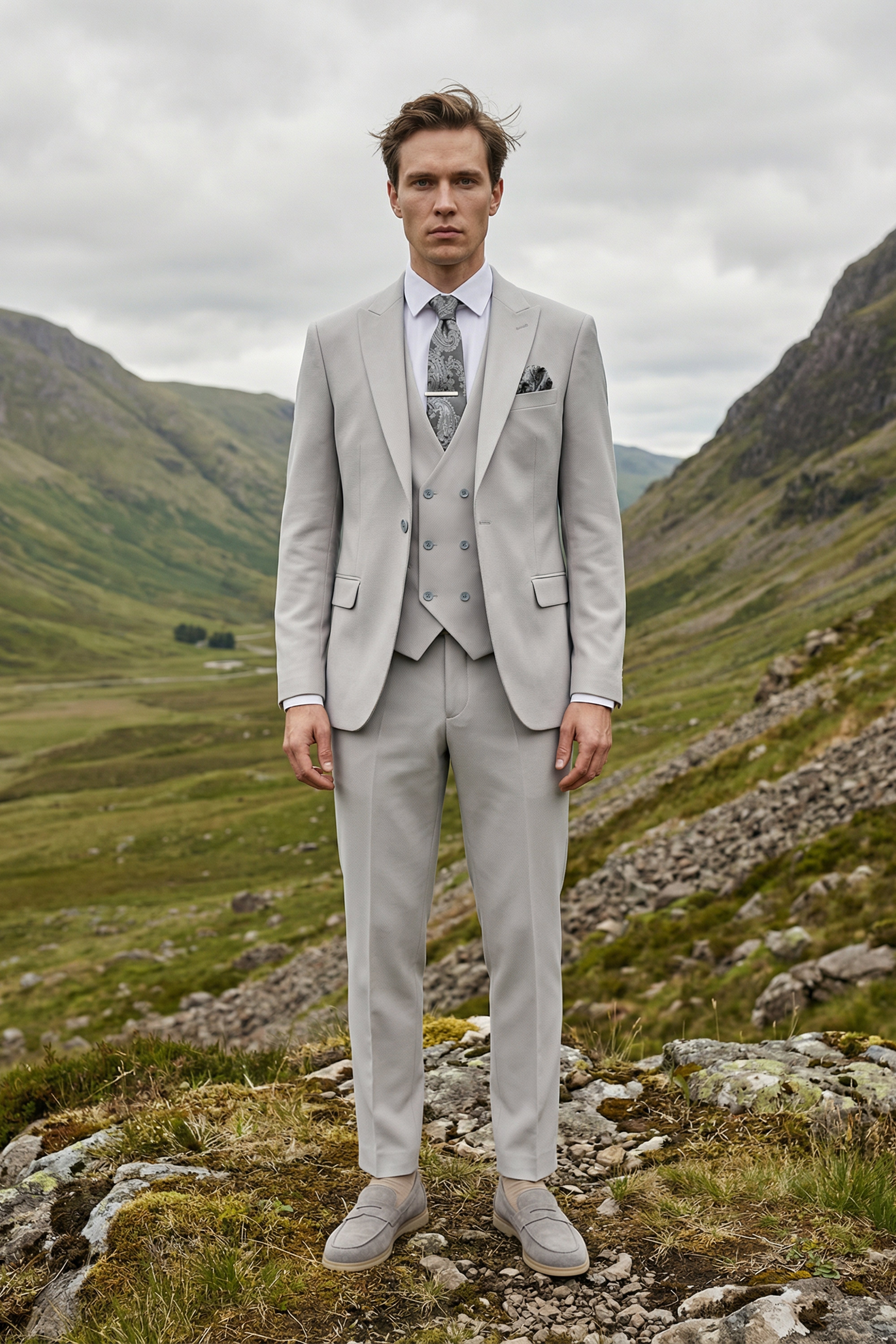 Men’s 3-Piece Textured Formal Suit with Double Breasted Waistcoat - Core - Stone Grey Life Style