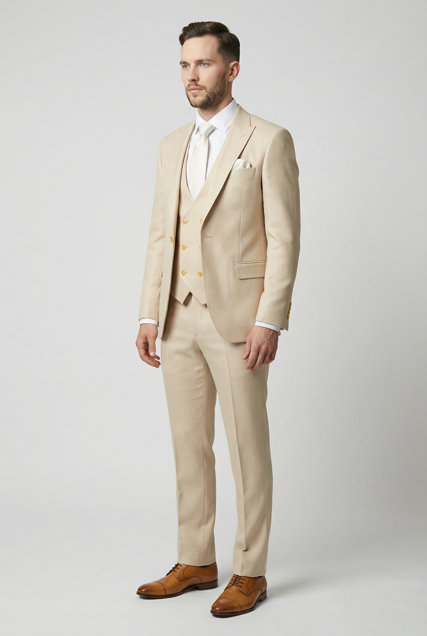 Men’s 3-Piece Textured Suit with Double-Breasted Waistcoat - CORE - Beige Molde Side Picture