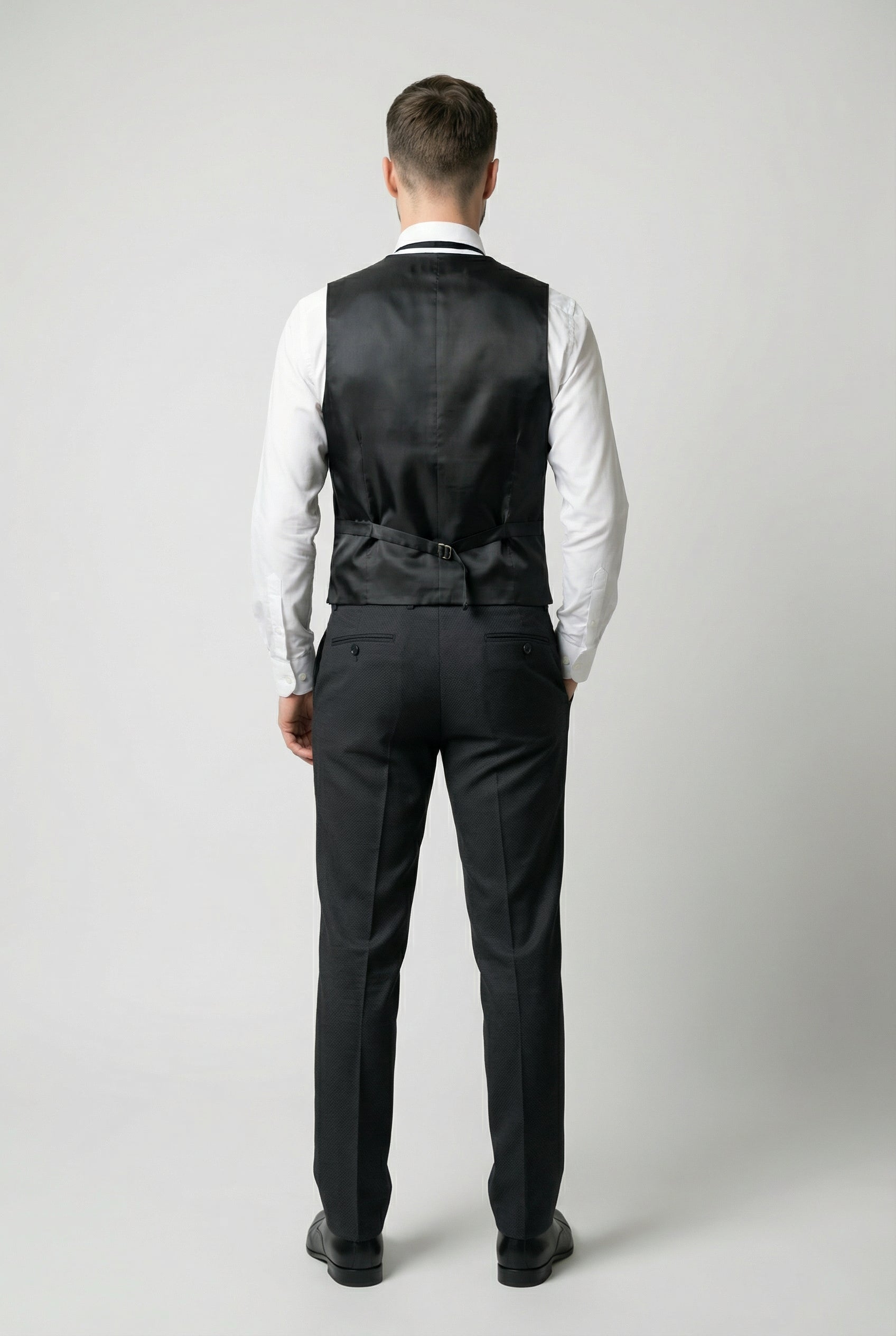 Men’s 3-Piece Textured Suit with Double-Breasted Waistcoat - CORE - Black Waistcoat Back Picture