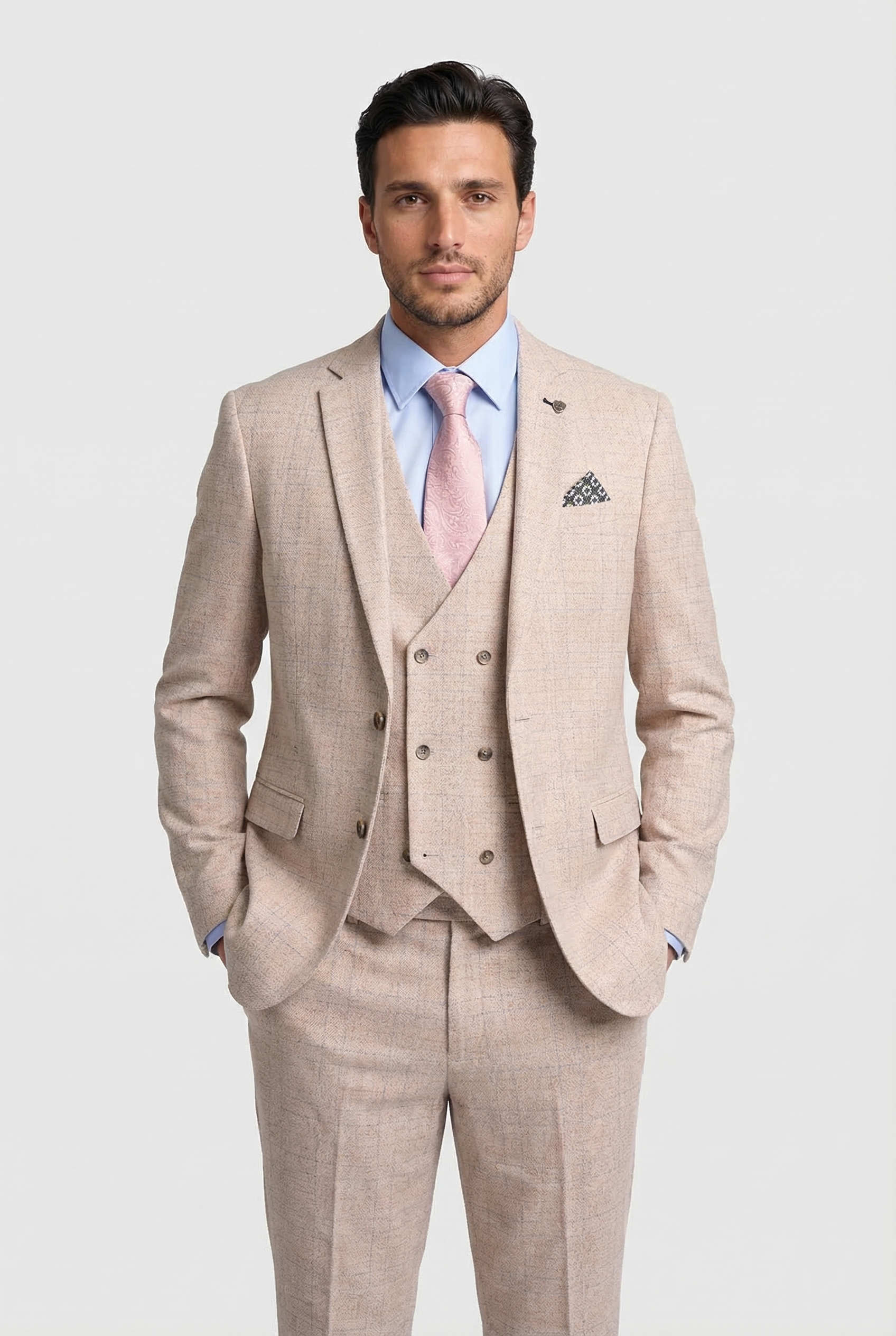 Men’s 3-Piece Tweed Like Glen Check Suit - Luis  - Beige
