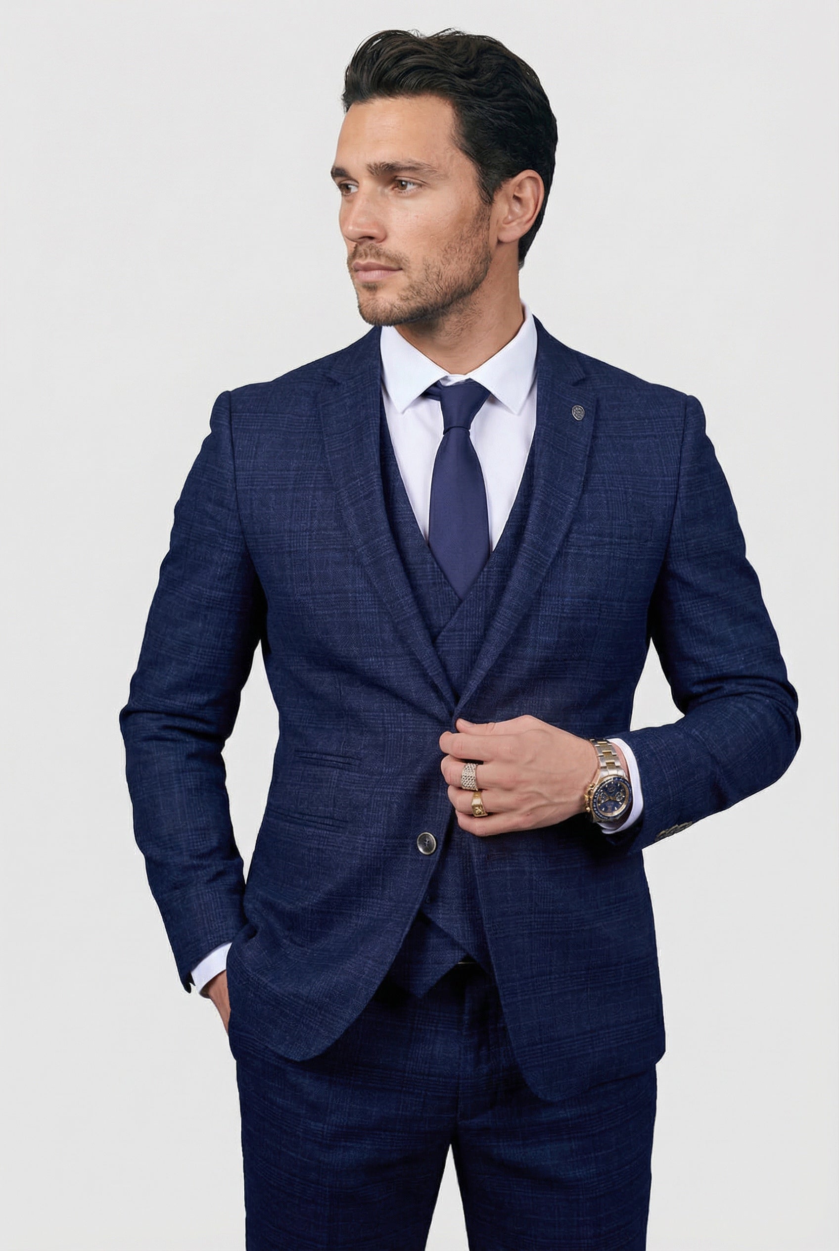 Costume pour homme 3 pièces en tweed imitation prince de Galles - Luis - Marine