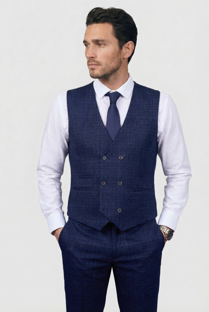 Costume pour homme 3 pièces en tweed imitation prince de Galles - Luis - Marine