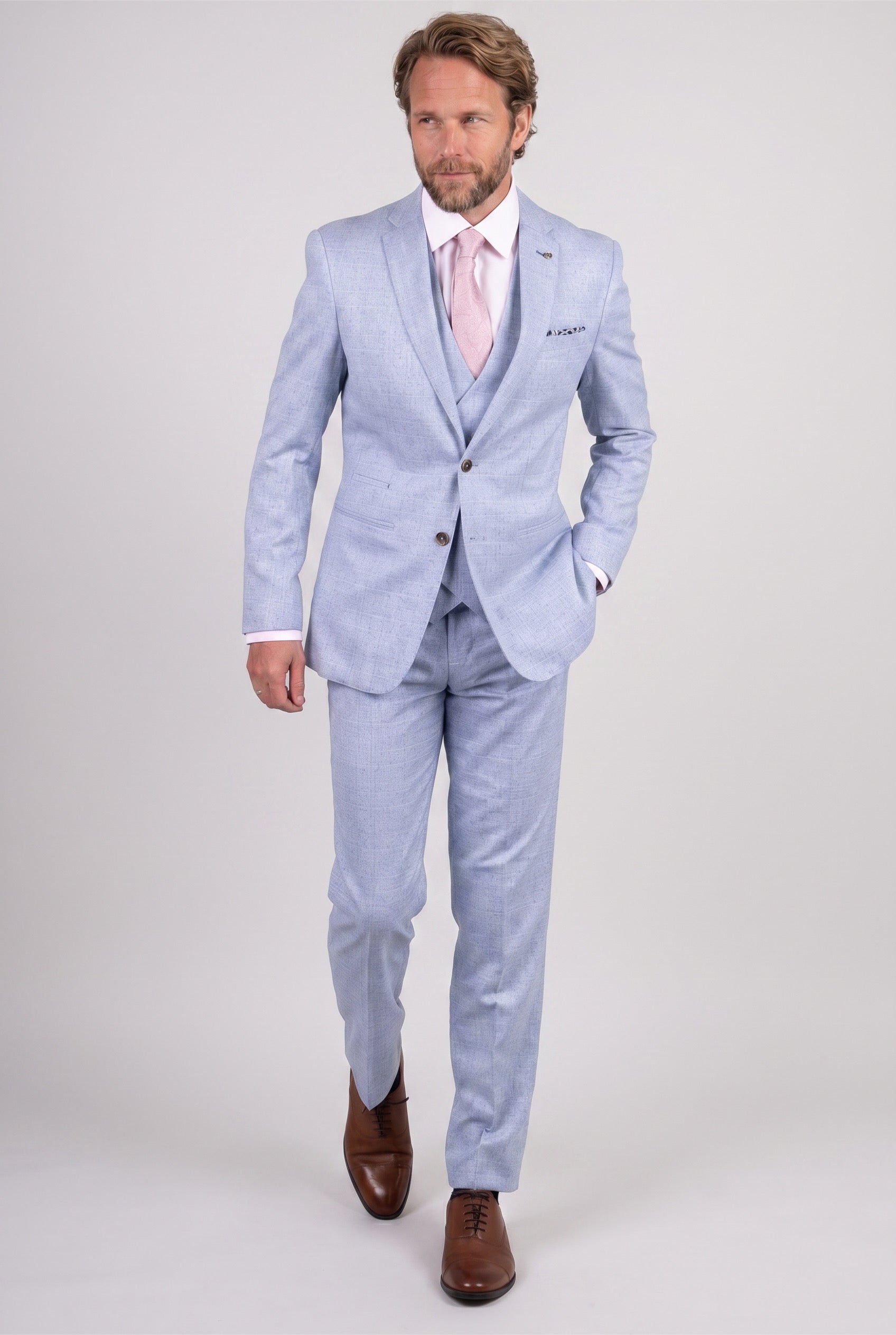 Men’s 3-Piece Tweed Like Glen Check Suit - Luis  - Pale Blue