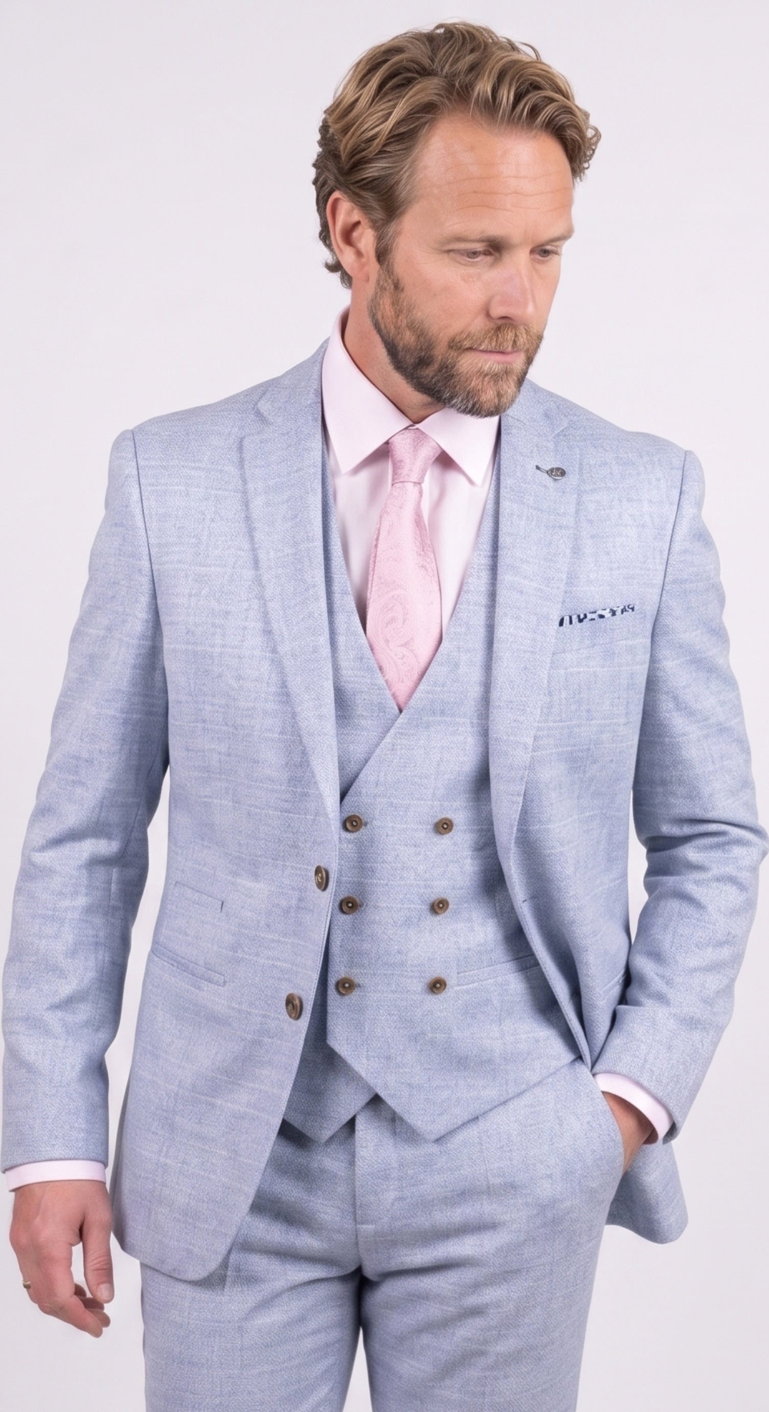 Men’s 3-Piece Tweed Like Glen Check Suit - Luis  - Pale Blue