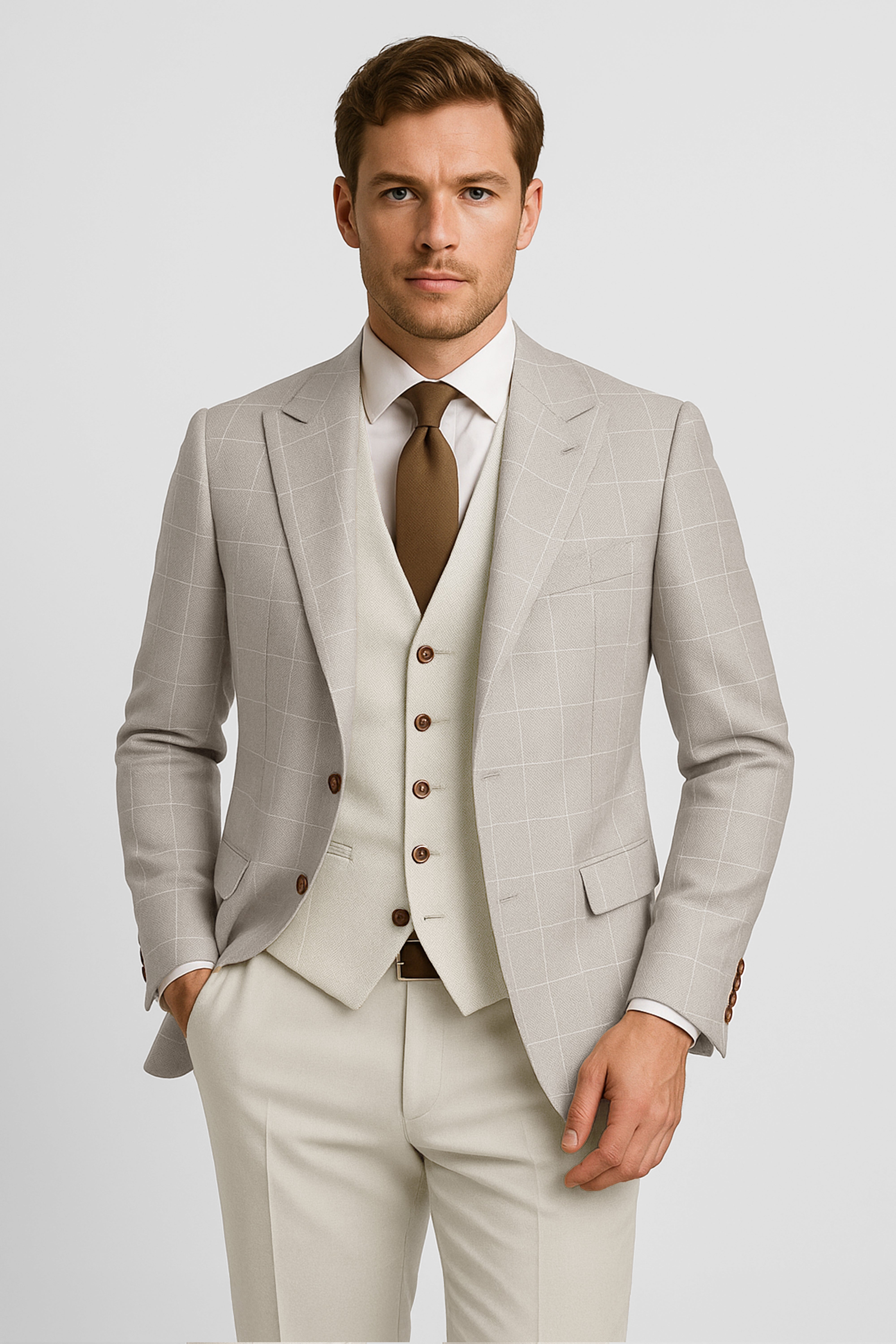 Men’s 3-Piece Windowpane Check Formal Suit - Beige Model Picture