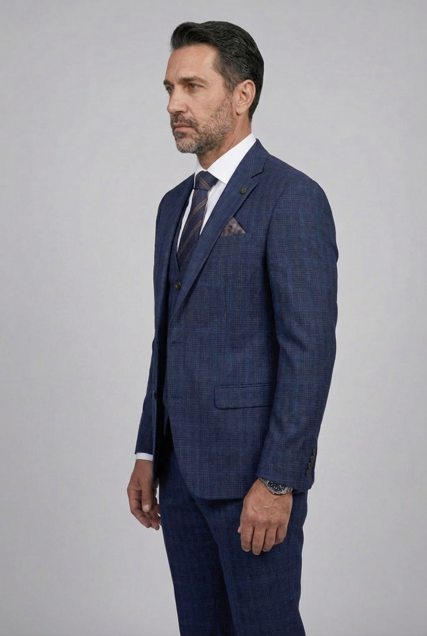 Herren 3-teiliger Windowpane-Karo-Anzug - Marcos - Marineblau