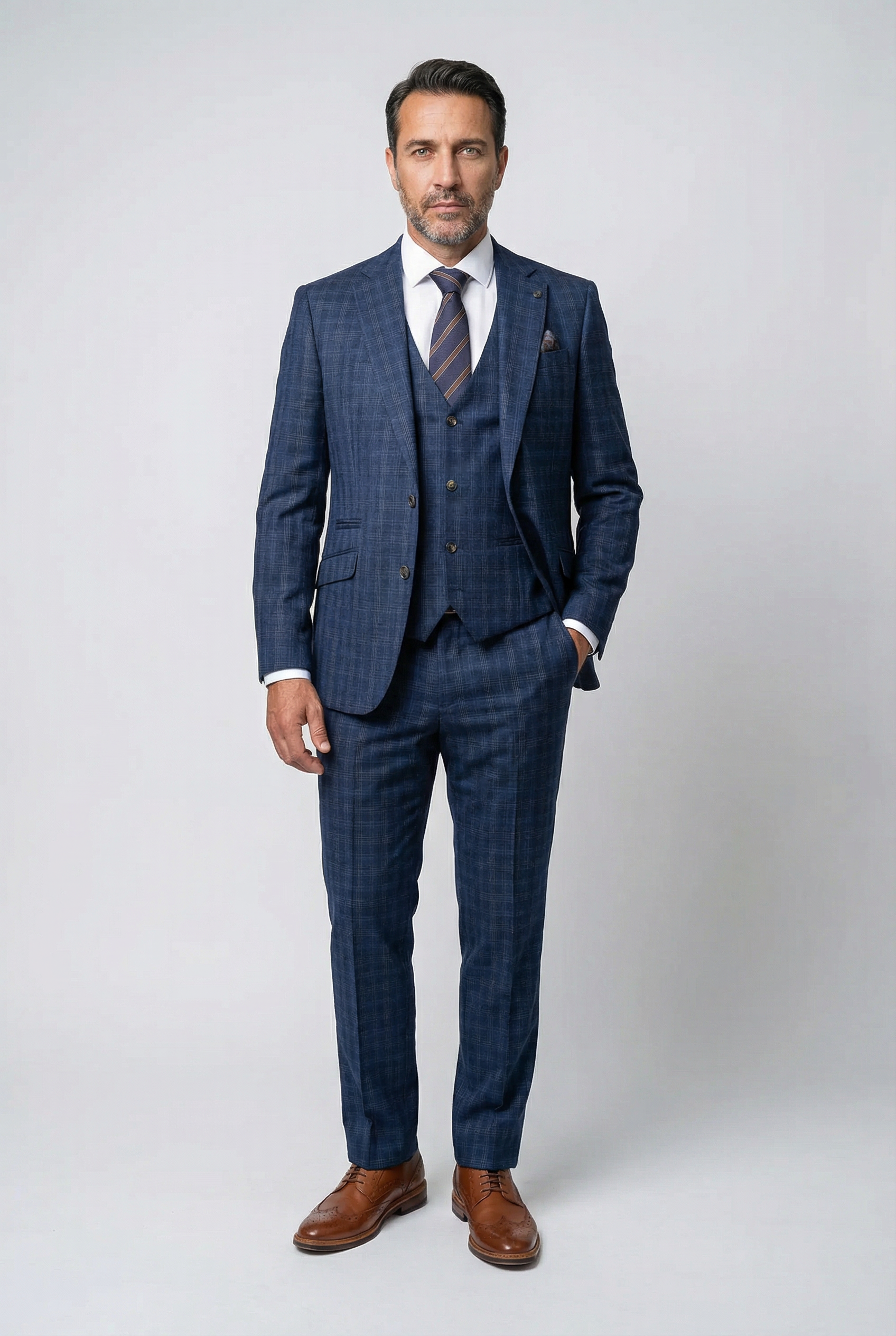 Herren 3-teiliger Windowpane-Karo-Anzug - Marcos - Marineblau
