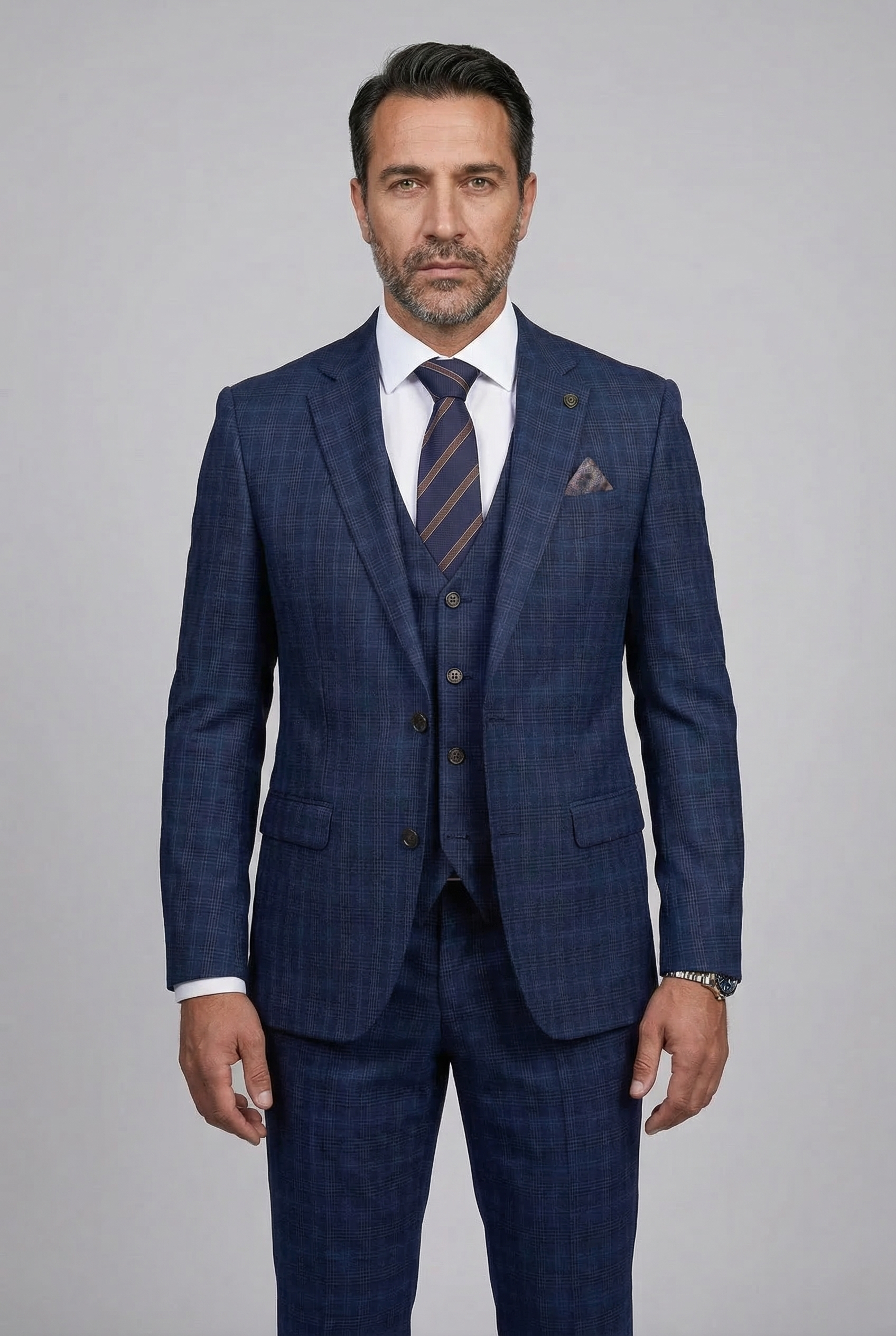 Herren 3-teiliger Windowpane-Karo-Anzug - Marcos - Marineblau