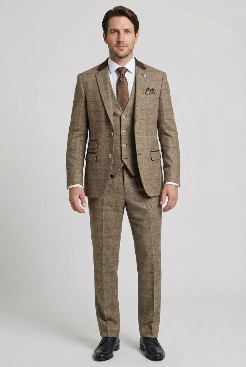 Abito da uomo in tweed a quadri a 3 pezzi - Marrone