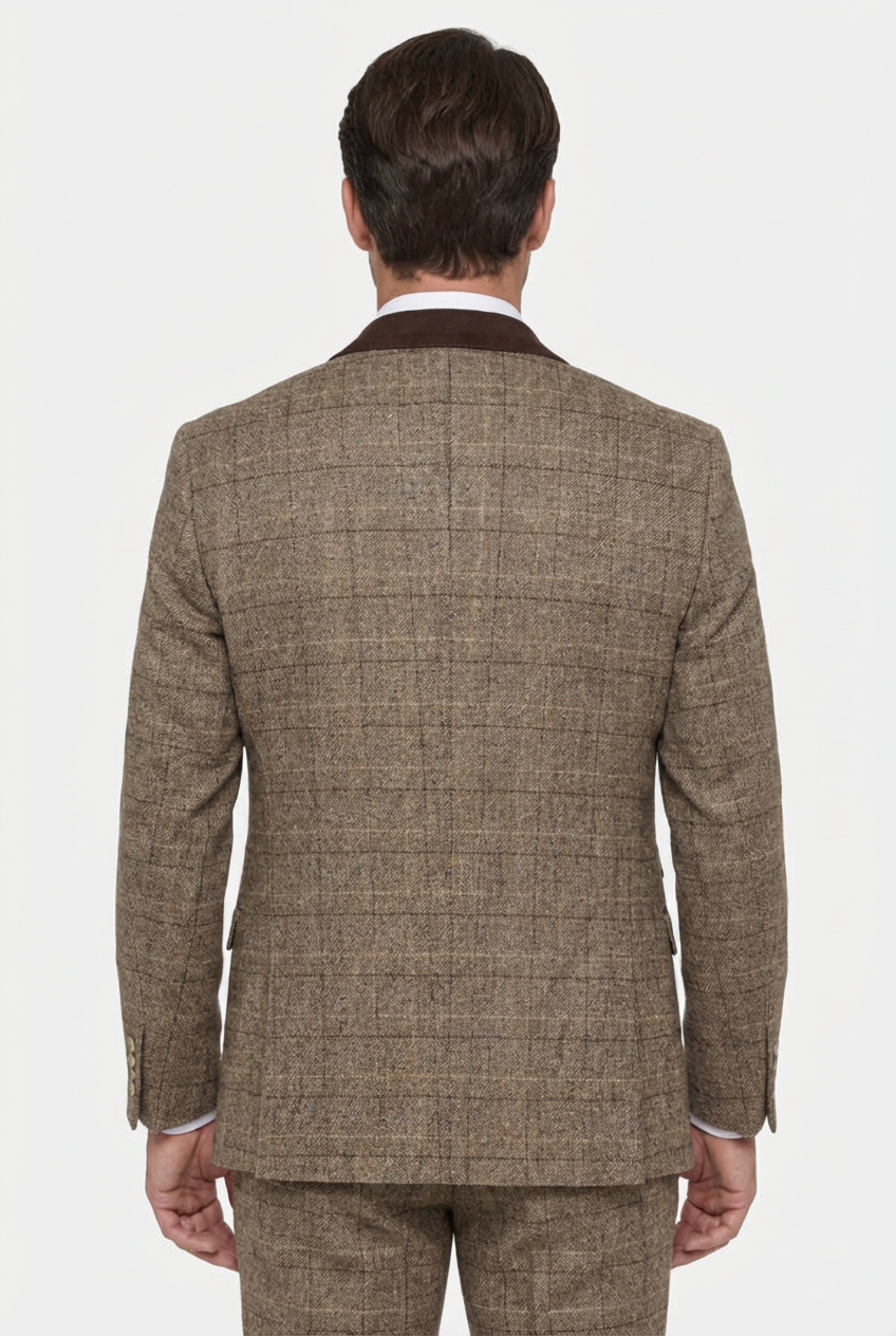 Traje de tweed de ventana de 3 piezas para hombre - Marrón