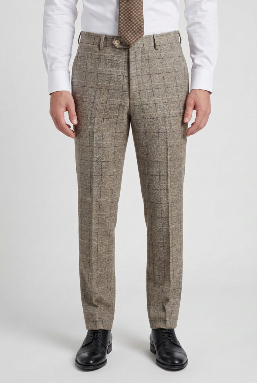 Traje de tweed de ventana de 3 piezas para hombre - Marrón