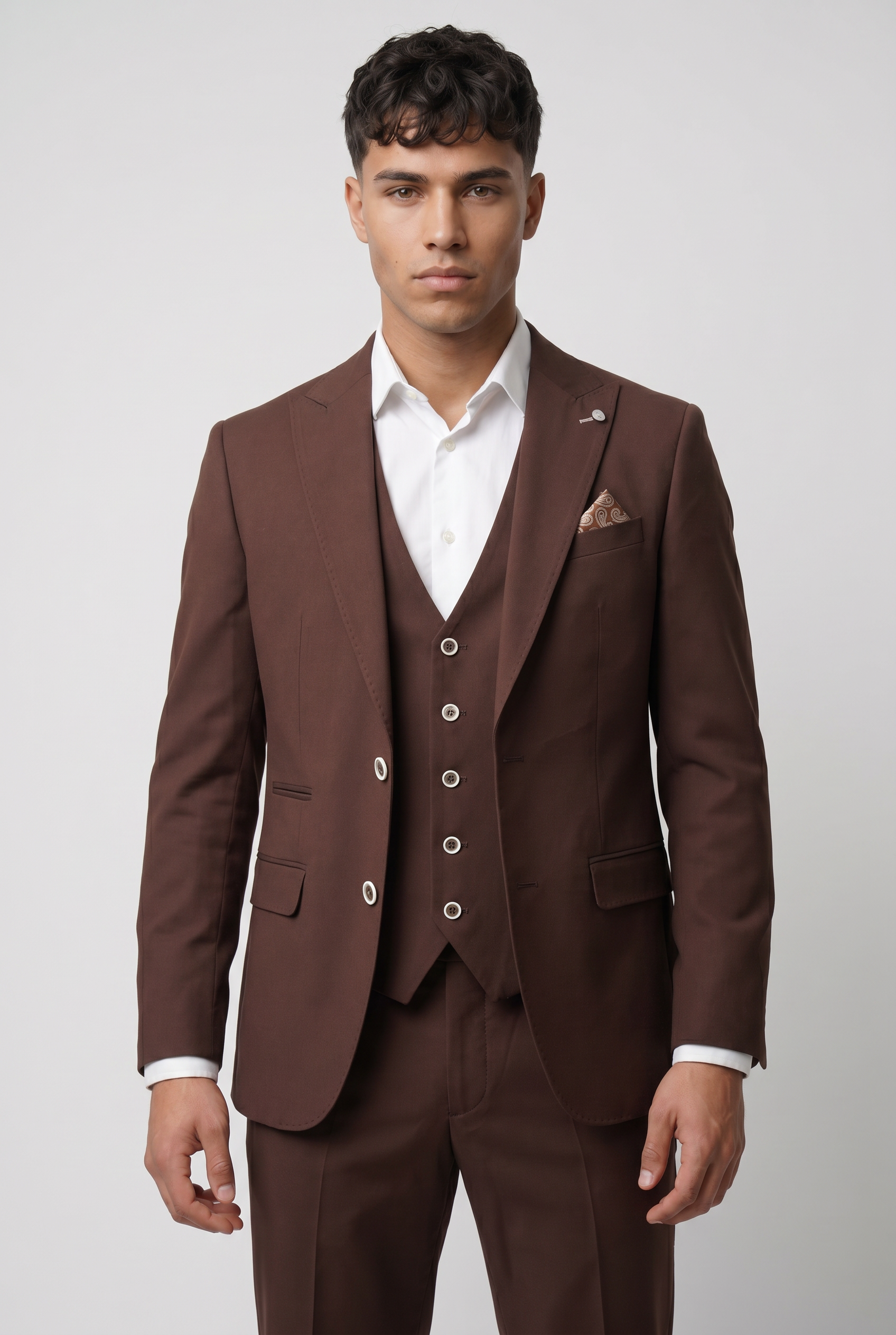 Men’s 3-Piece Wool Blend Formal Suit - Style PEDRO BROWN Front  Picture