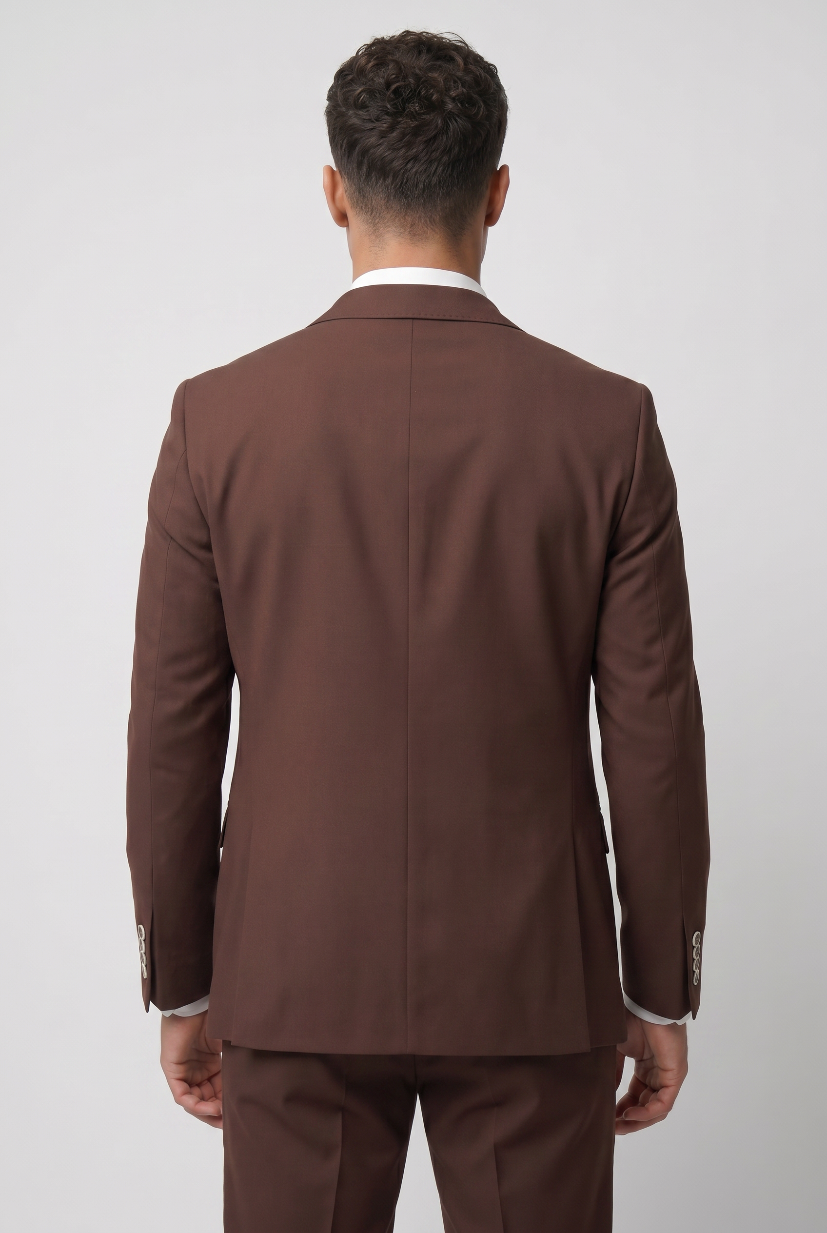 Men’s 3-Piece Wool Blend Formal Suit - Style PEDRO BROWN Model Back  Picture