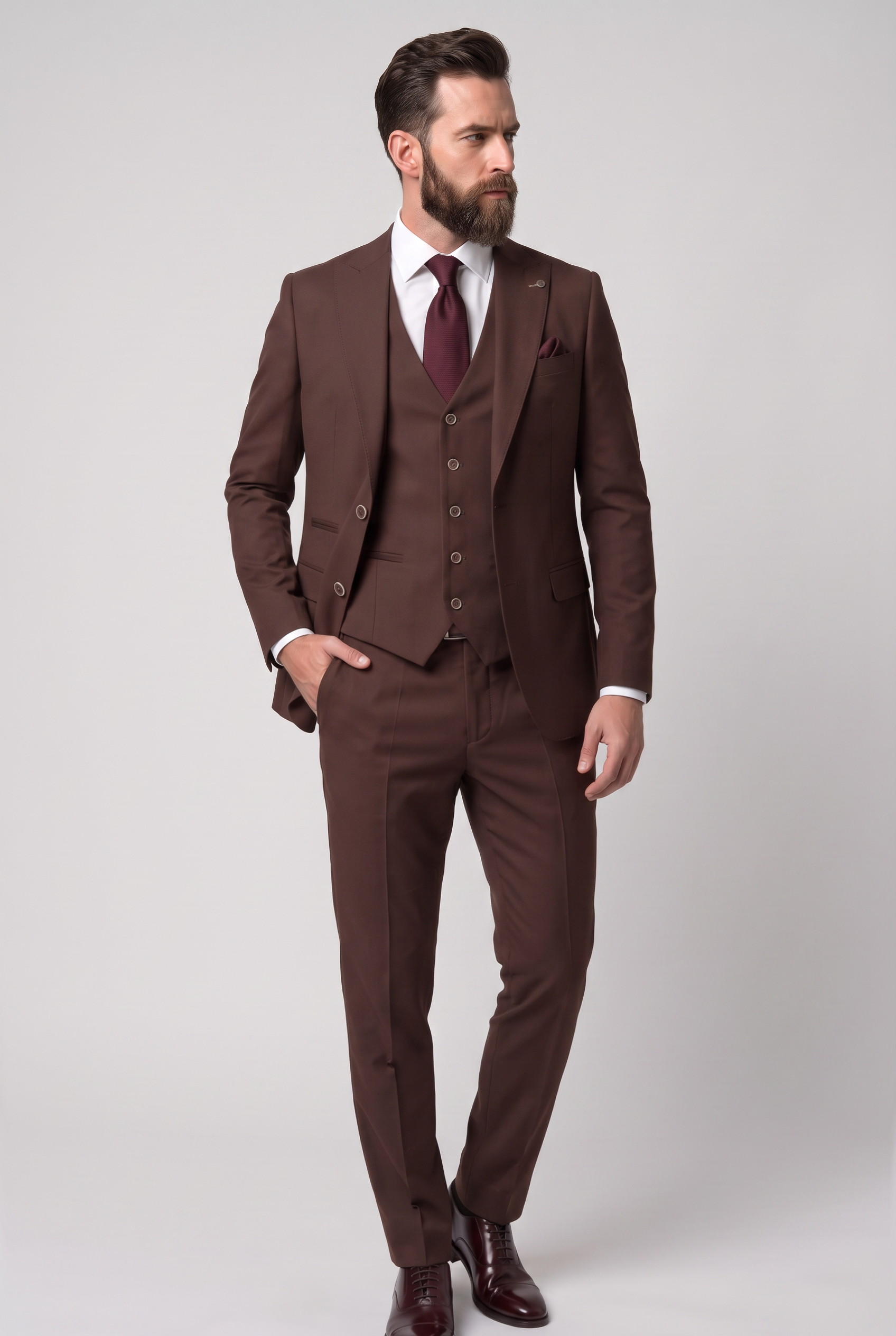 Men’s 3-Piece Wool Blend Formal Suit - Style PEDRO BROWN