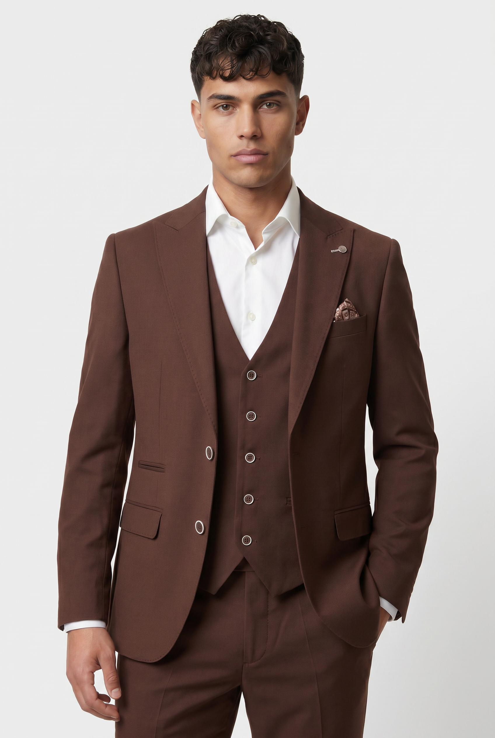 Men’s 3-Piece Wool Blend Formal Suit - Style PEDRO BROWN Model Picture