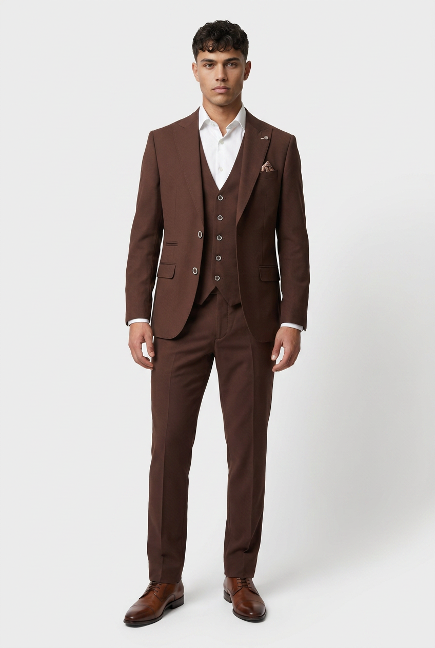Men’s 3-Piece Wool Blend Formal Suit - Style PEDRO BROWN Model Front Picture