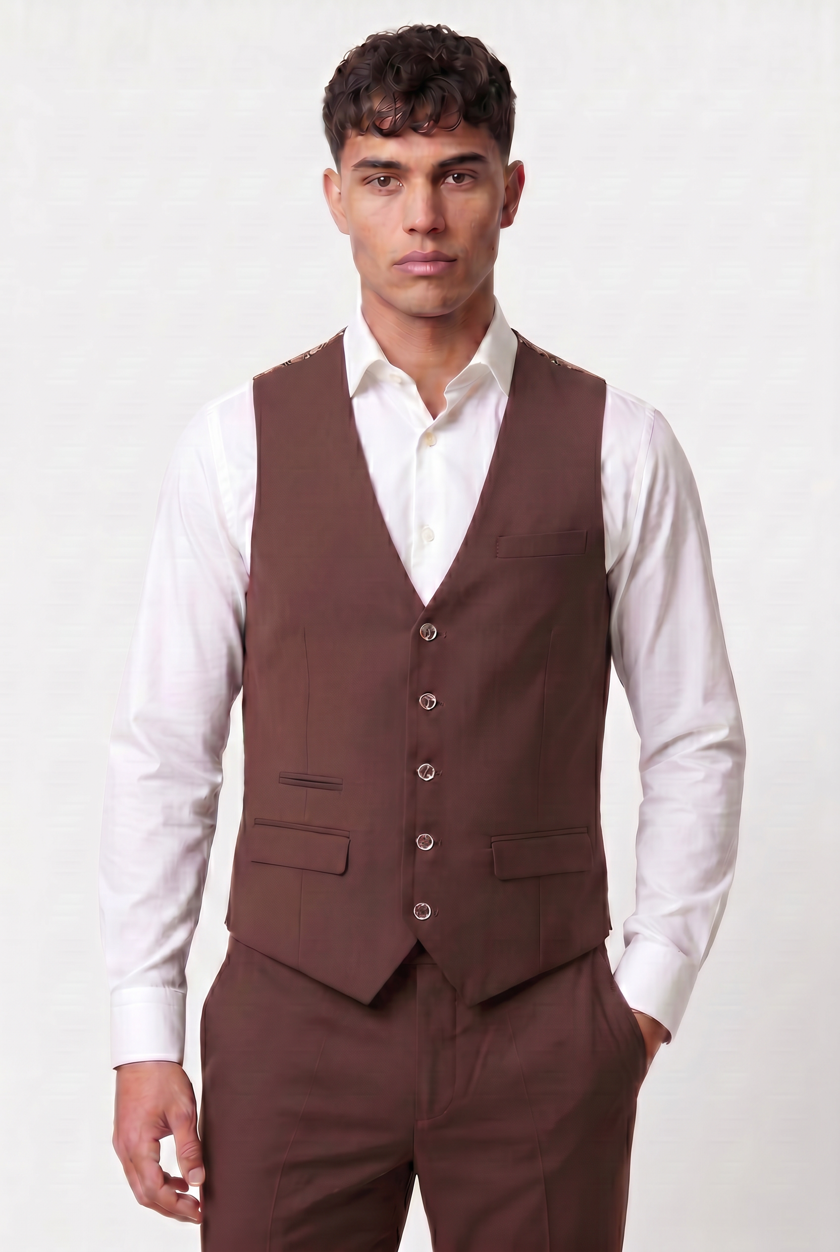 Men’s 3-Piece Wool Blend Formal Suit - Style PEDRO BROWN Model Waistcoat  Picture
