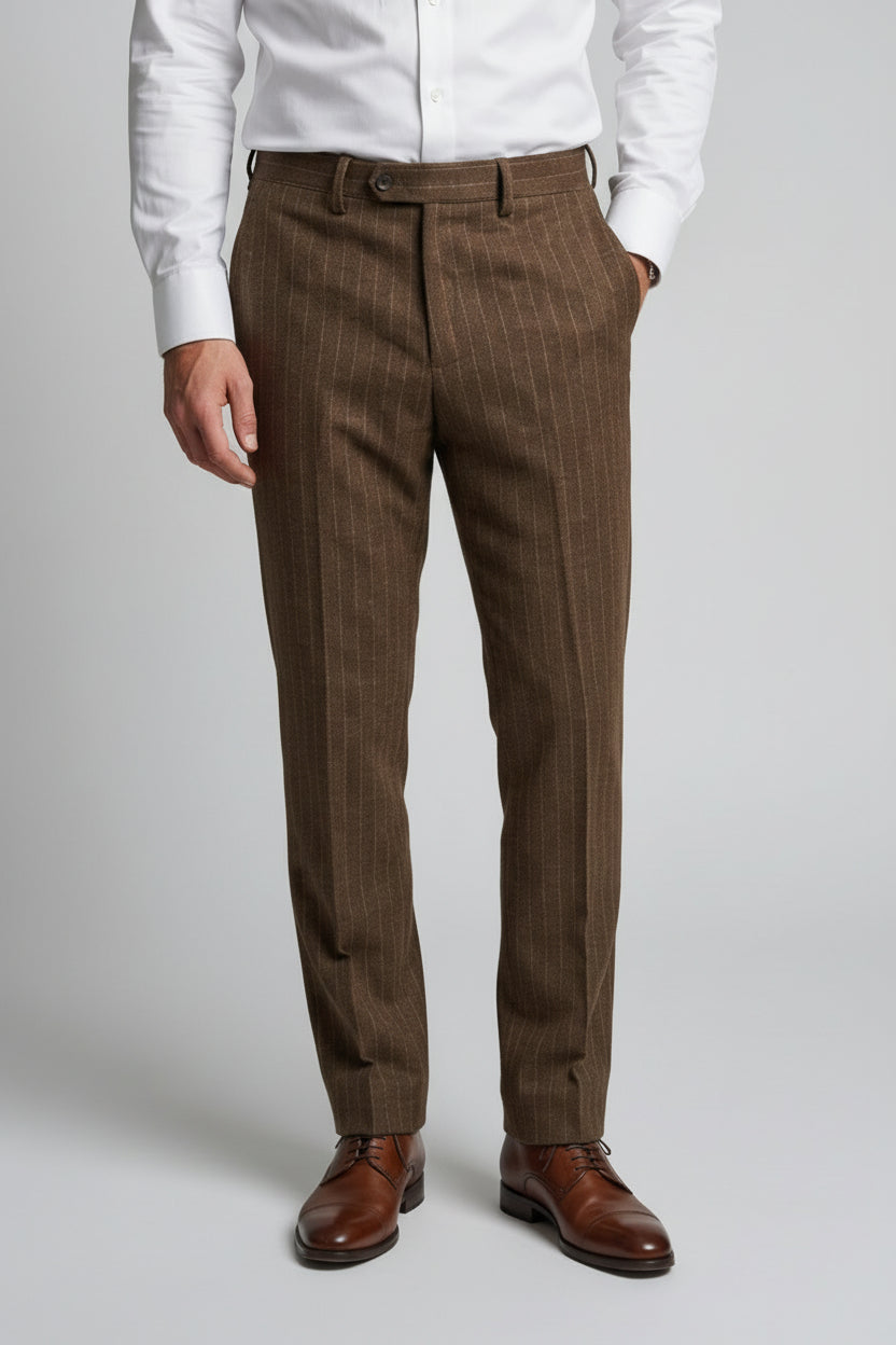 Men’s 3-Piece Wool Blend Pinstripe Formal Suit - Victor - Brown Trousers Picture
