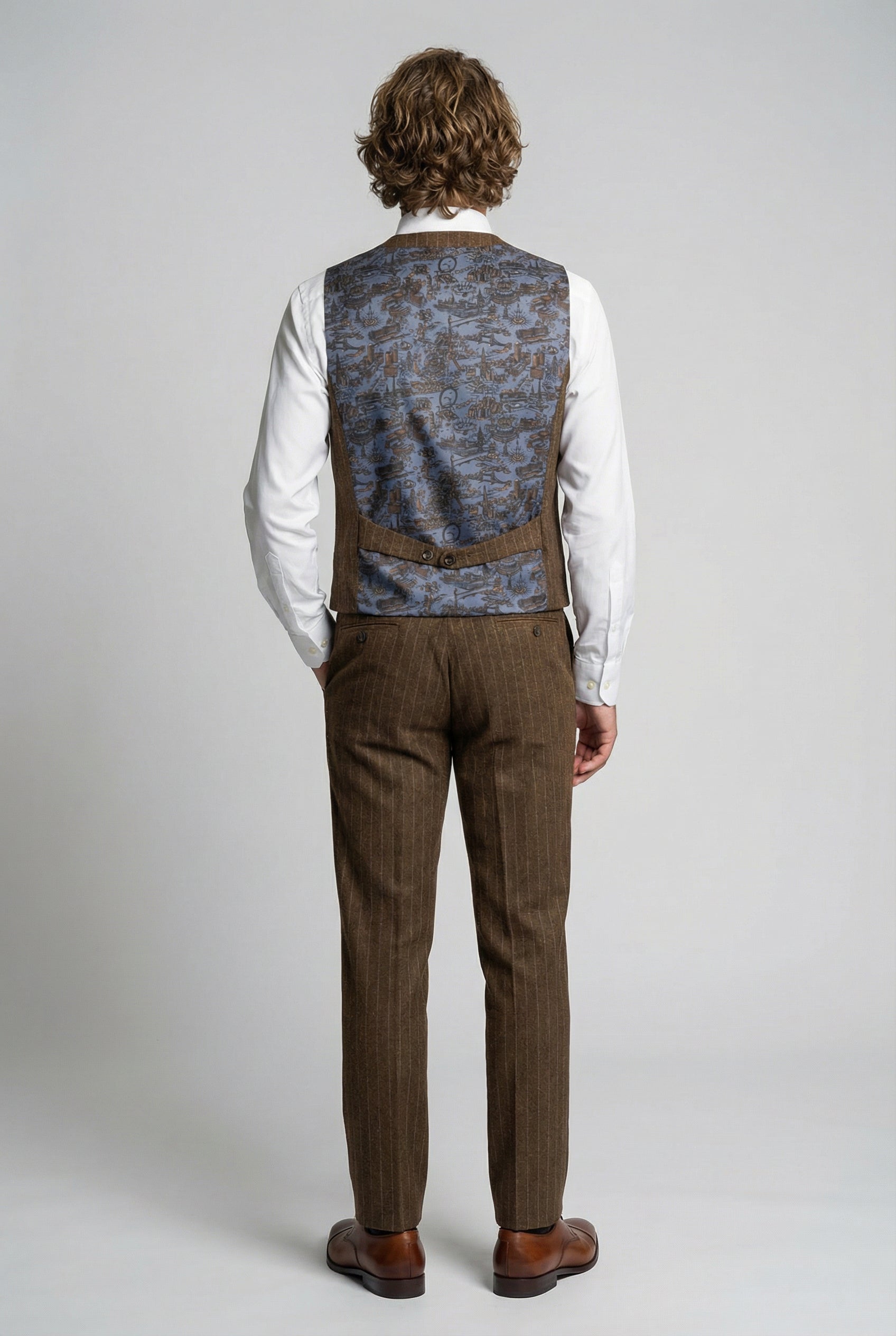 Men’s 3-Piece Wool Blend Pinstripe Formal Suit - Victor - Brown Waistcoat  Back Picture