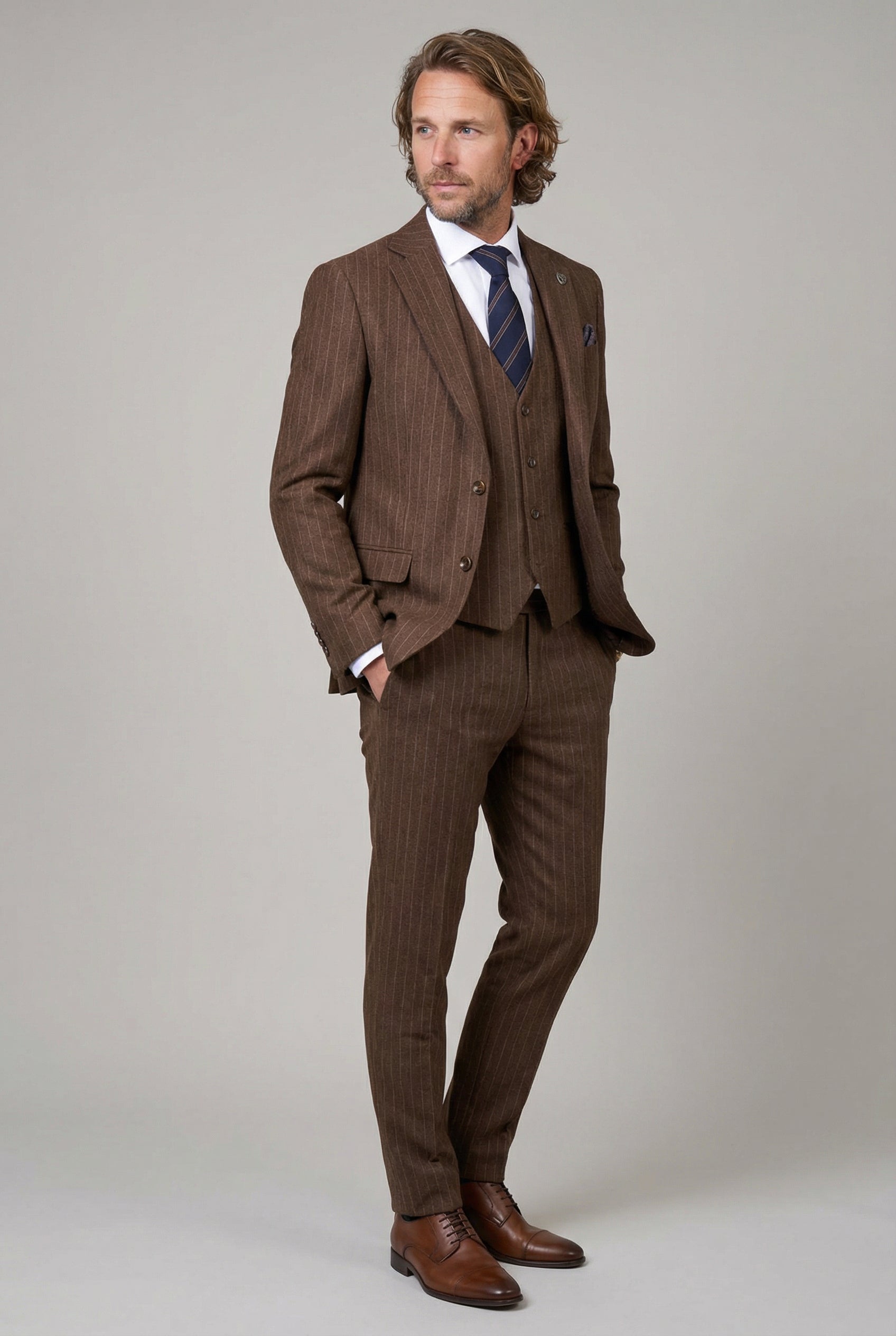 Men’s 3-Piece Wool Blend Pinstripe Formal Suit - Victor - Brown Side Picture