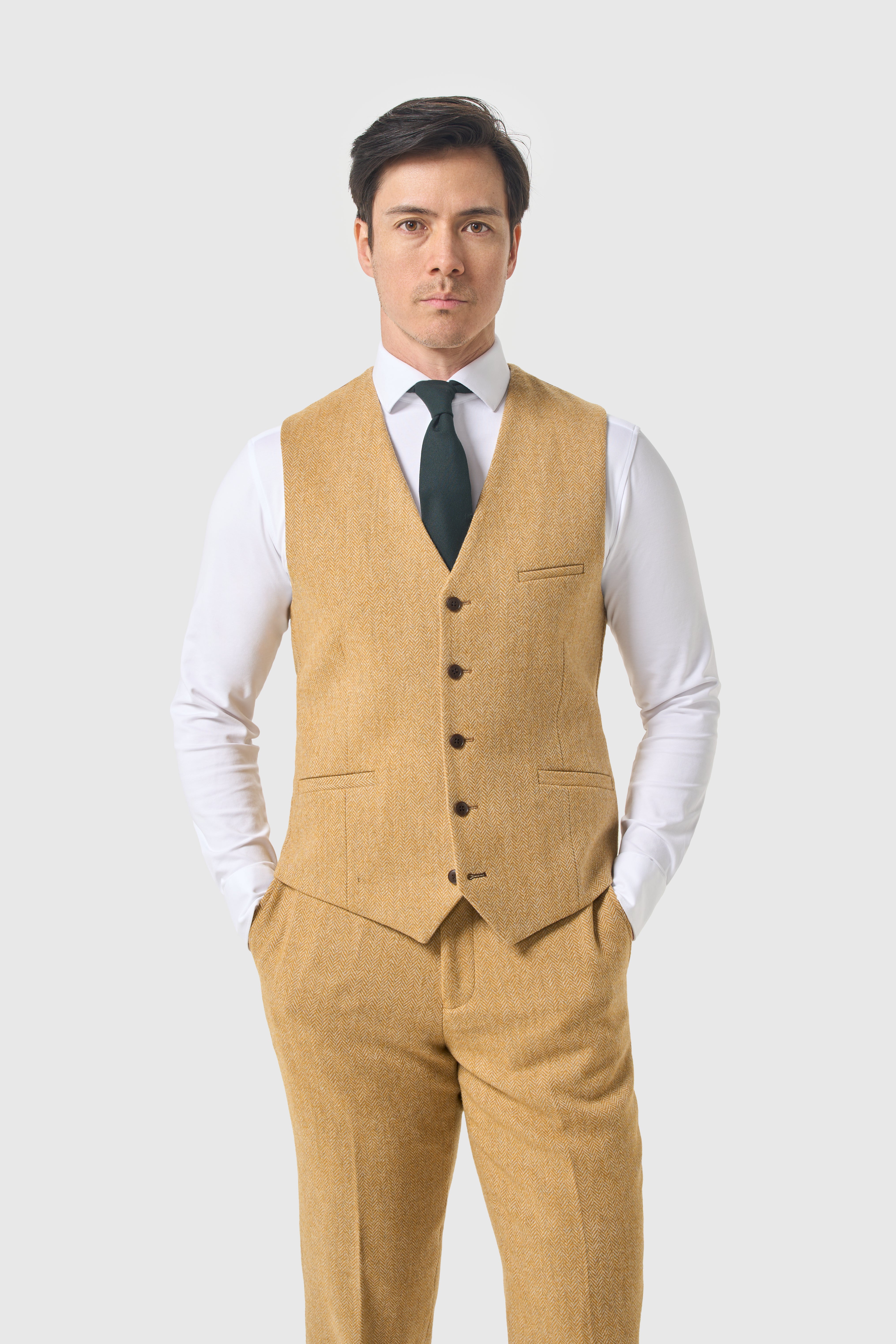 Men’s 3-Piece Wool Herringbone Tweed Suit - Thomas - Amber Model Front Picture