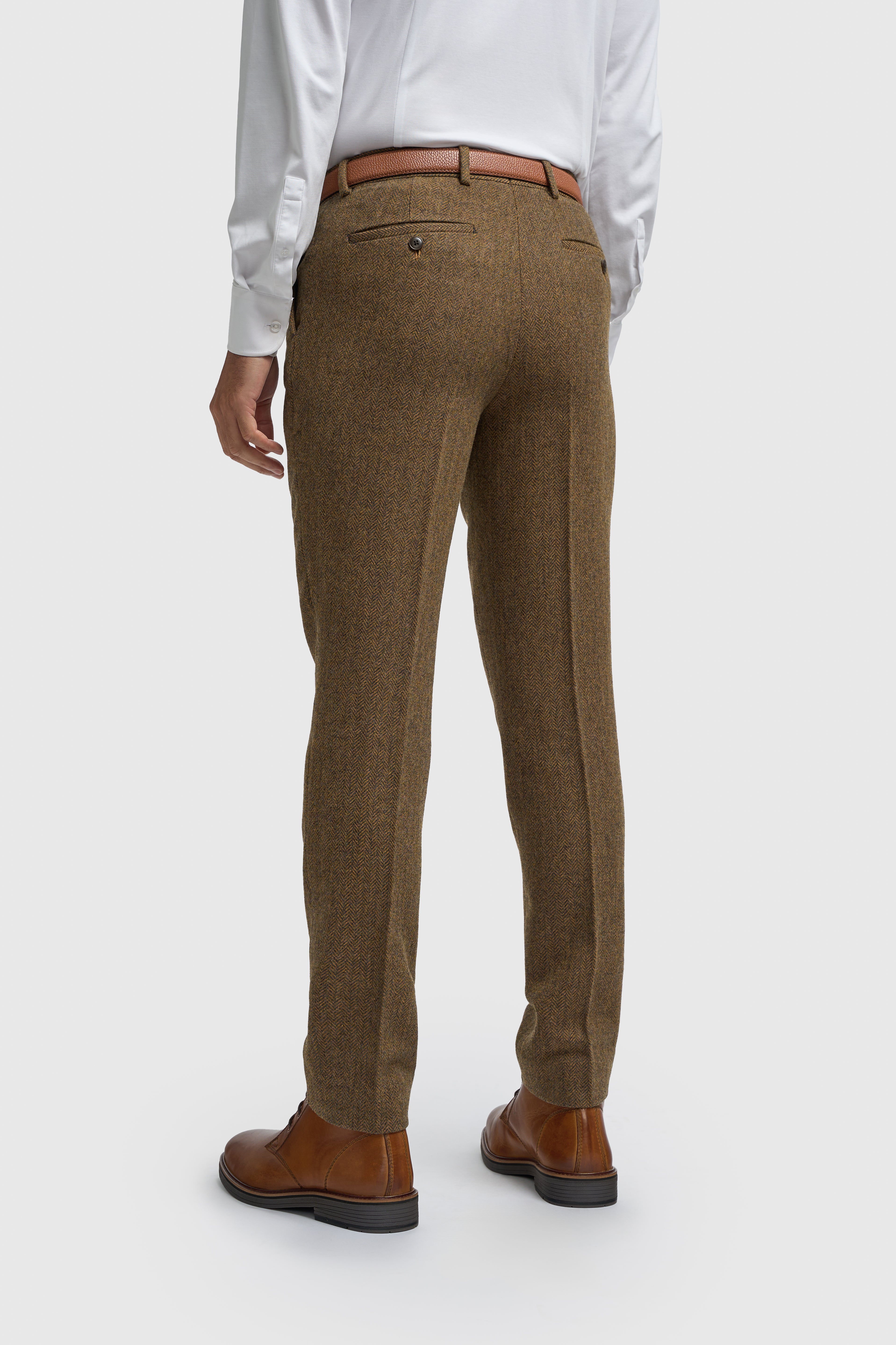 Men’s 3-Piece Wool Herringbone Tweed Suit - Thomas - Brown Trousers Back Picture