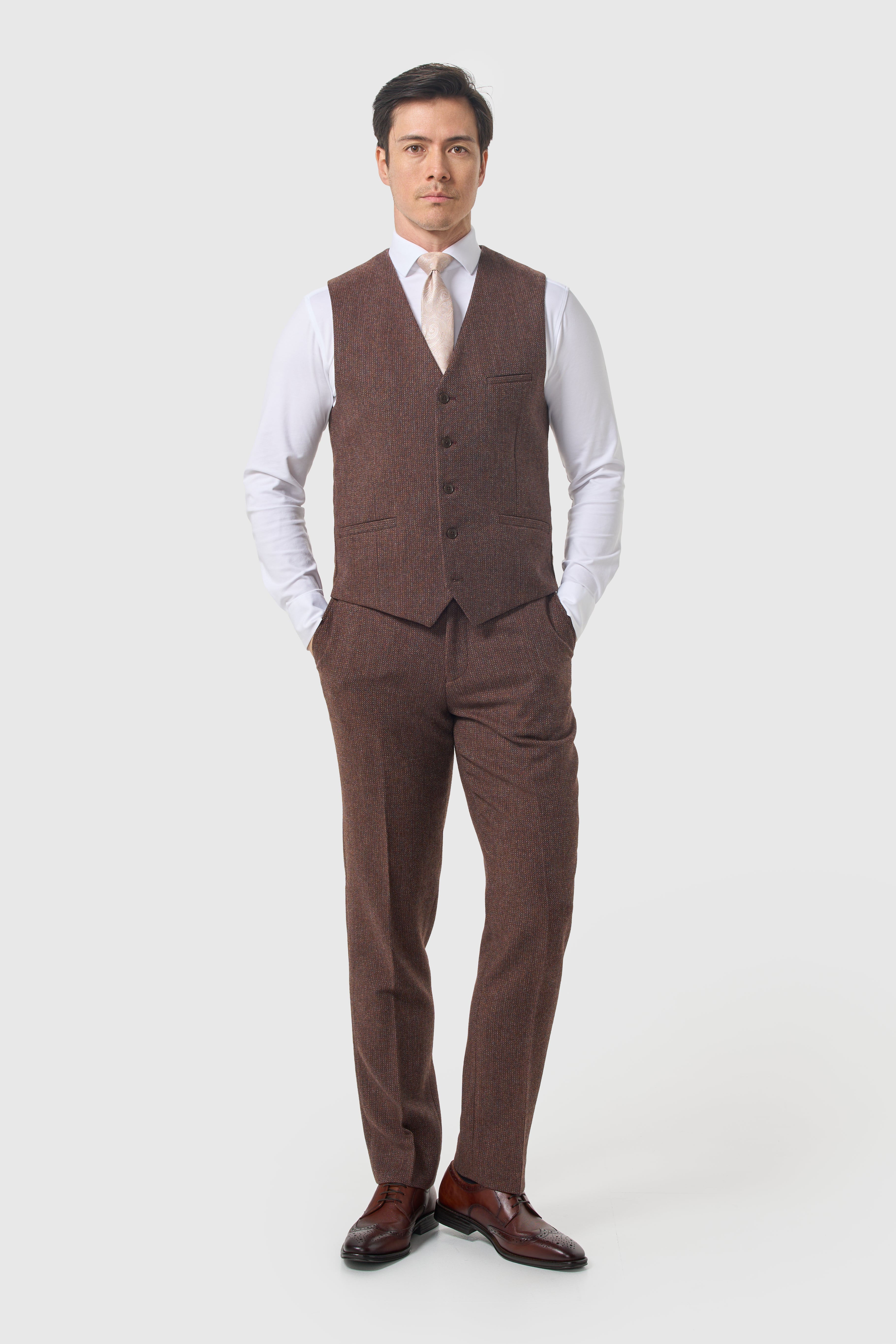 Completo da uomo in tweed di lana spinato a 3 pezzi - Thomas - mogano scuro
