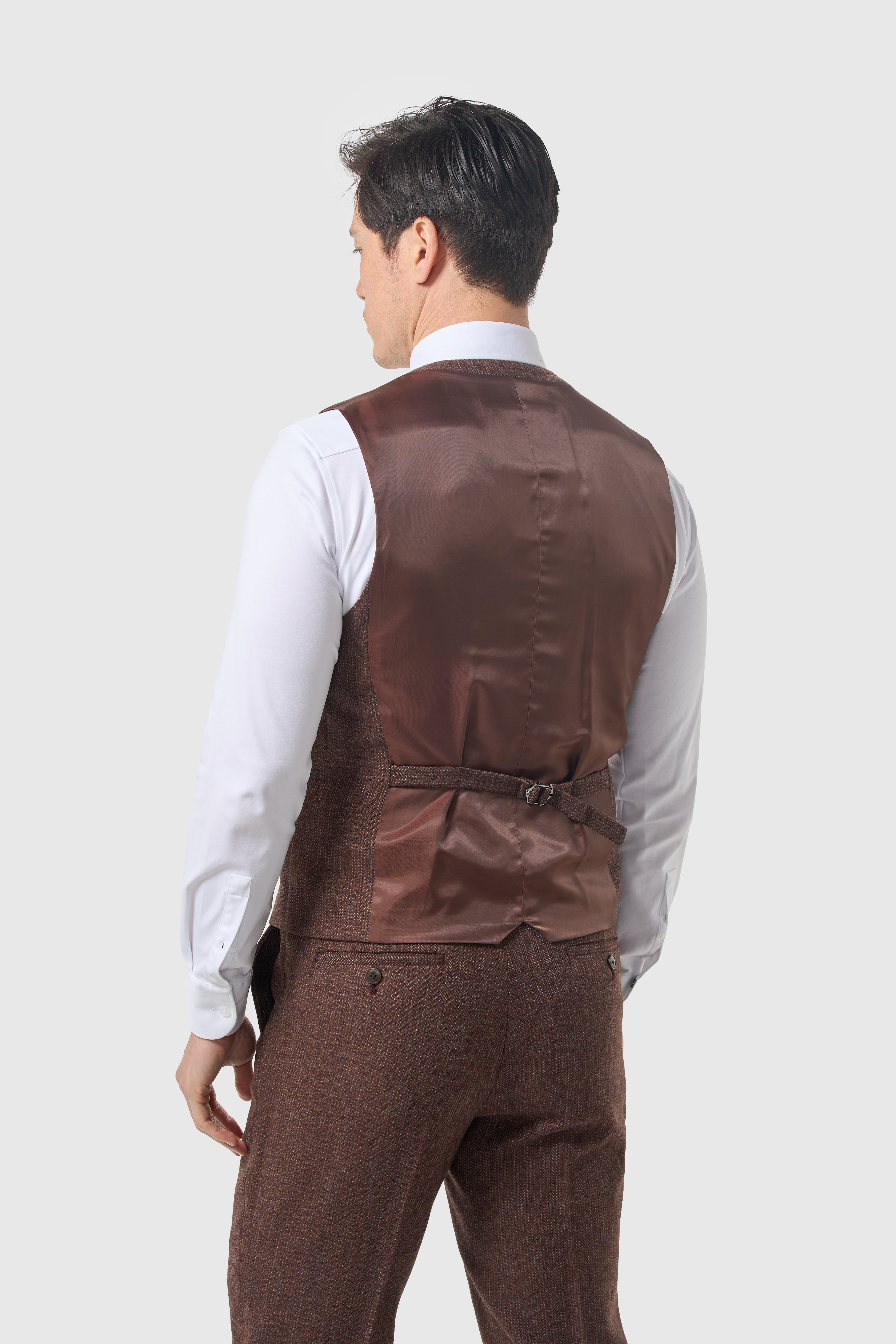 Completo da uomo in tweed di lana spinato a 3 pezzi - Thomas - mogano scuro