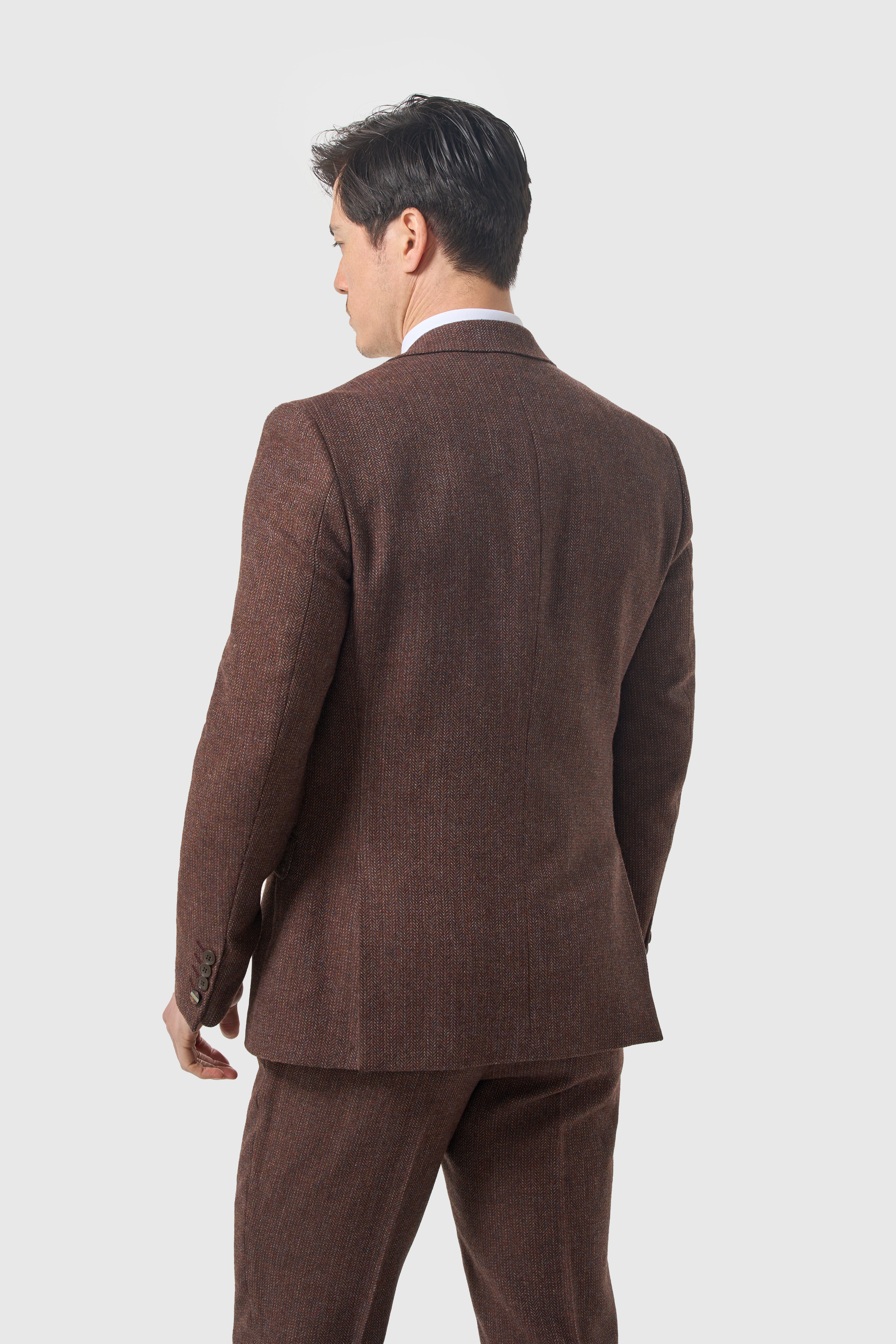 Completo da uomo in tweed di lana spinato a 3 pezzi - Thomas - mogano scuro