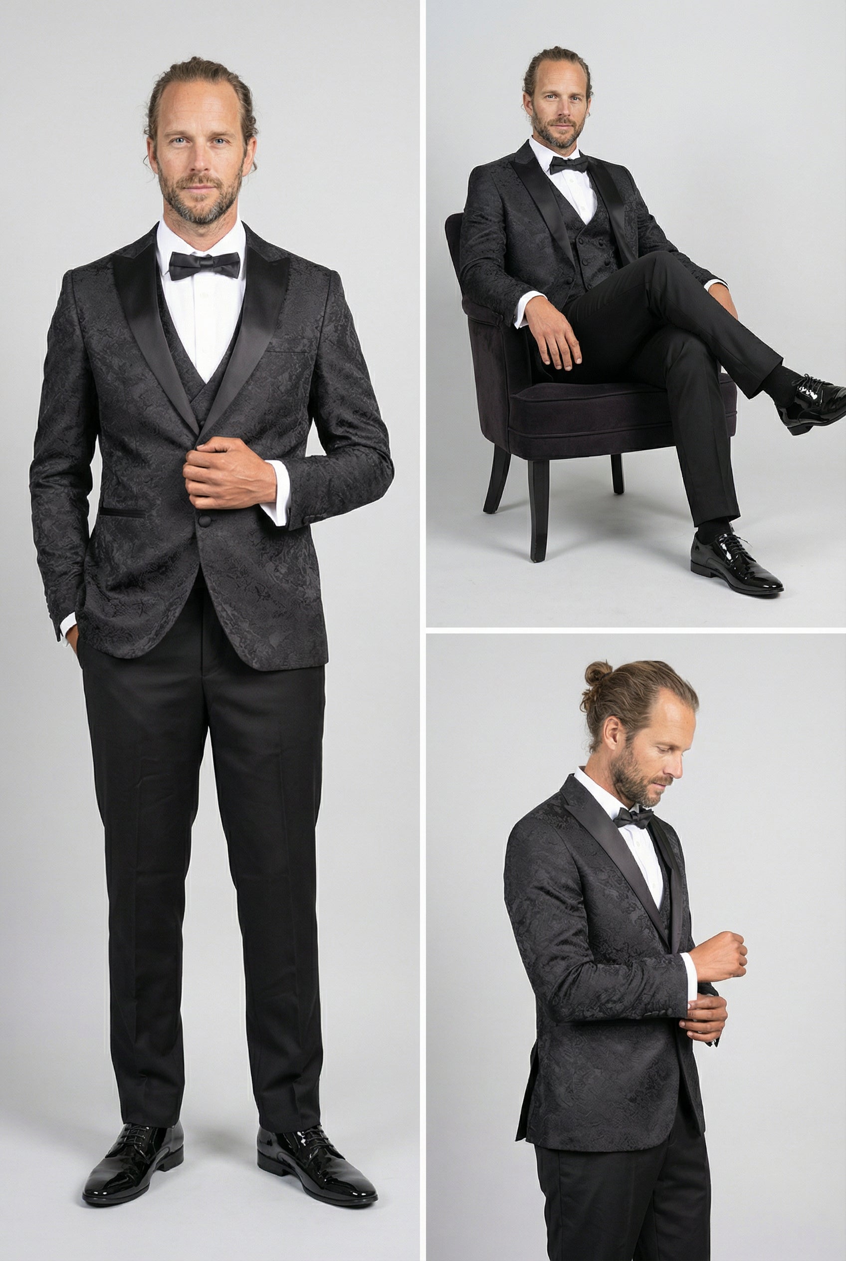Men’s 4-Piece Cotton Blend Jacquard Tuxedo Suit with Double Breasted Waistcoat - Vincent -Black