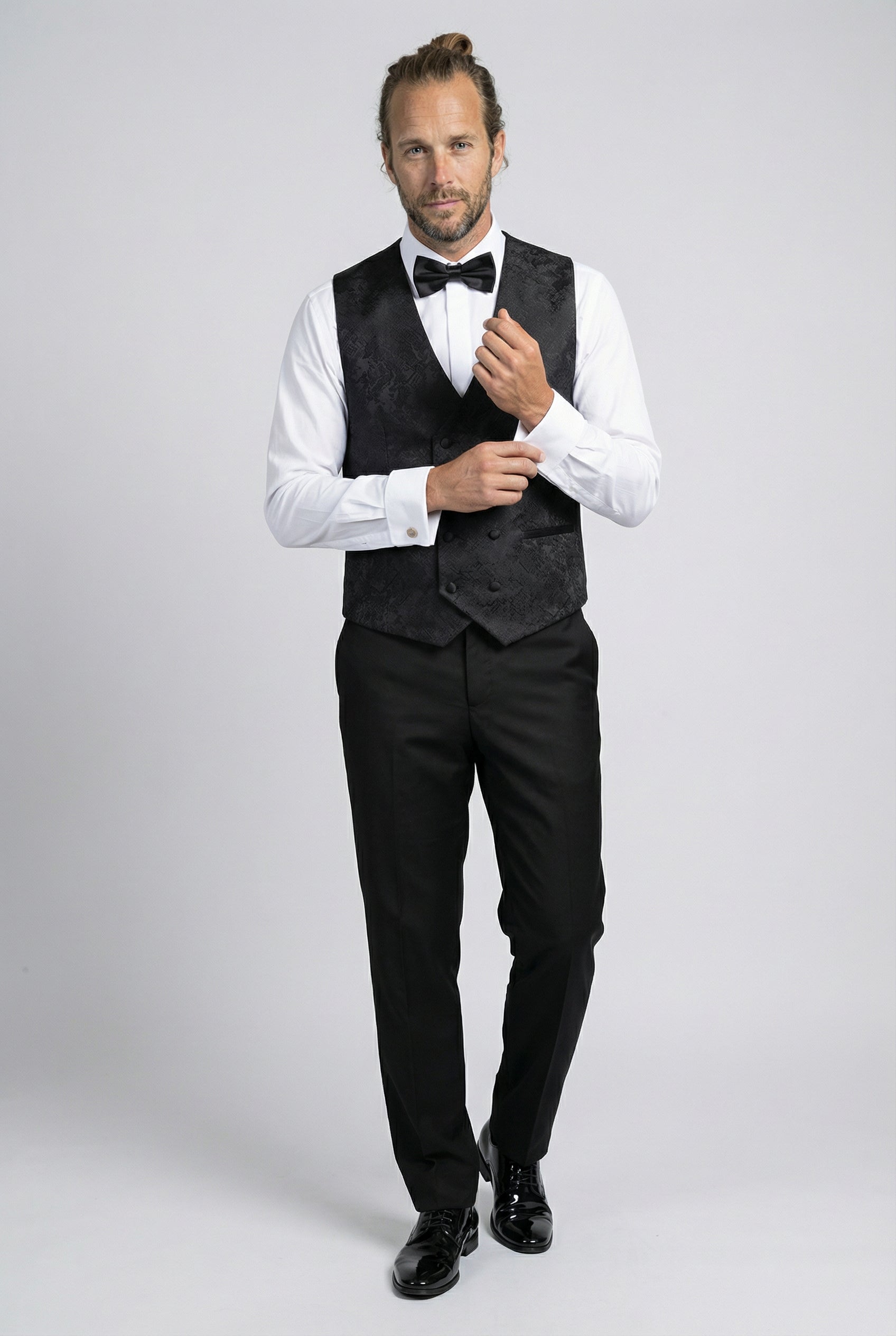 Men’s 4-Piece Cotton Blend Jacquard Tuxedo Suit with Double Breasted Waistcoat - Vincent -Black Waistcoat Picture
