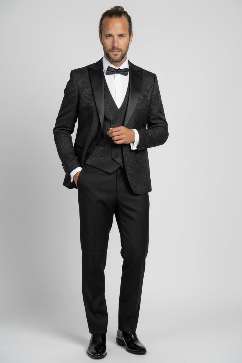 Men’s 4-Piece Cotton Blend Jacquard Tuxedo Suit with Double Breasted Waistcoat - Vincent -Black Front Picture