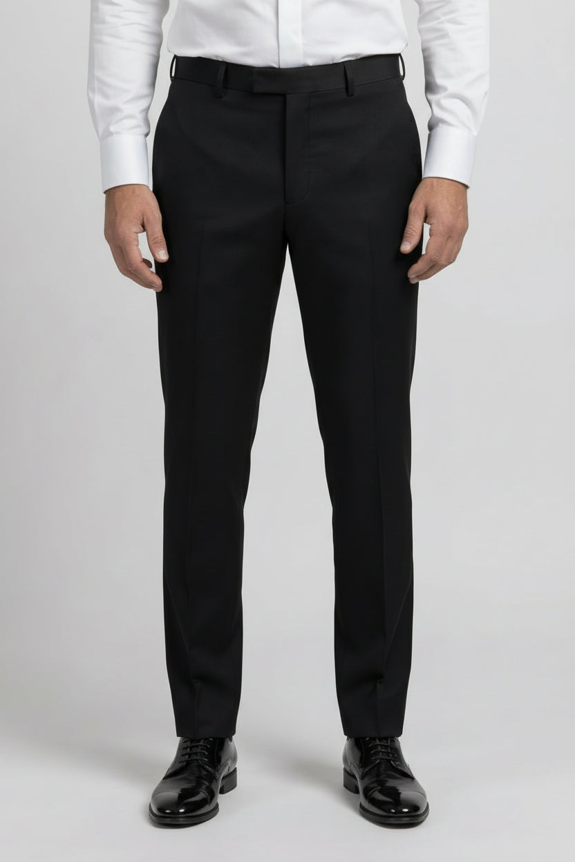 Men’s 4-Piece Cotton Blend Jacquard Tuxedo Suit with Double Breasted Waistcoat - Vincent -Black Trousers Picture