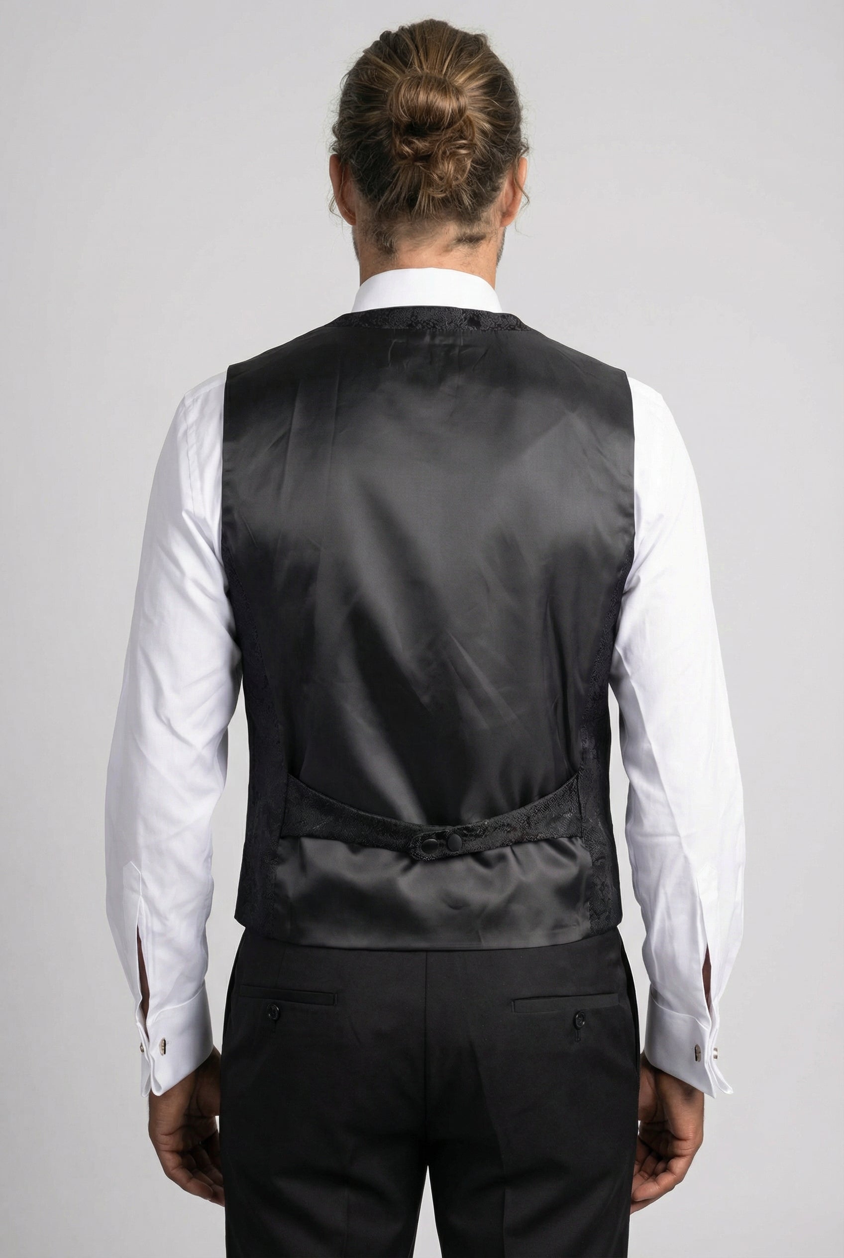 Men’s 4-Piece Cotton Blend Jacquard Tuxedo Suit with Double Breasted Waistcoat - Vincent -Black Back Picture