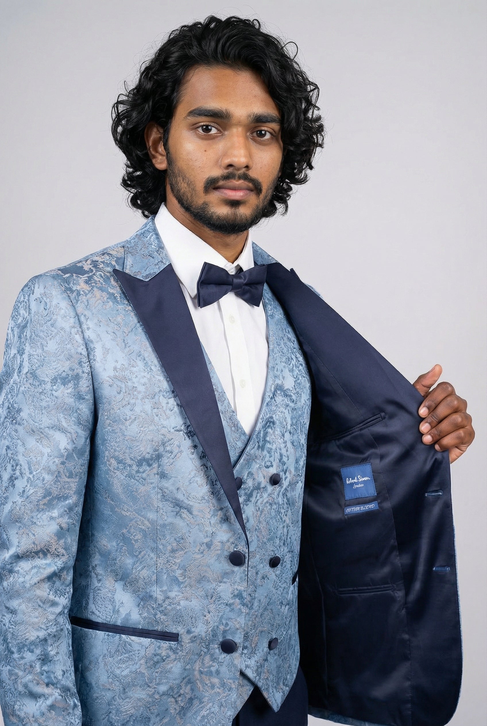 Men’s 4-Piece Cotton Blend Jacquard Tuxedo Suit with Double Breasted Waistcoat - Vincent -Blue Linning Picture