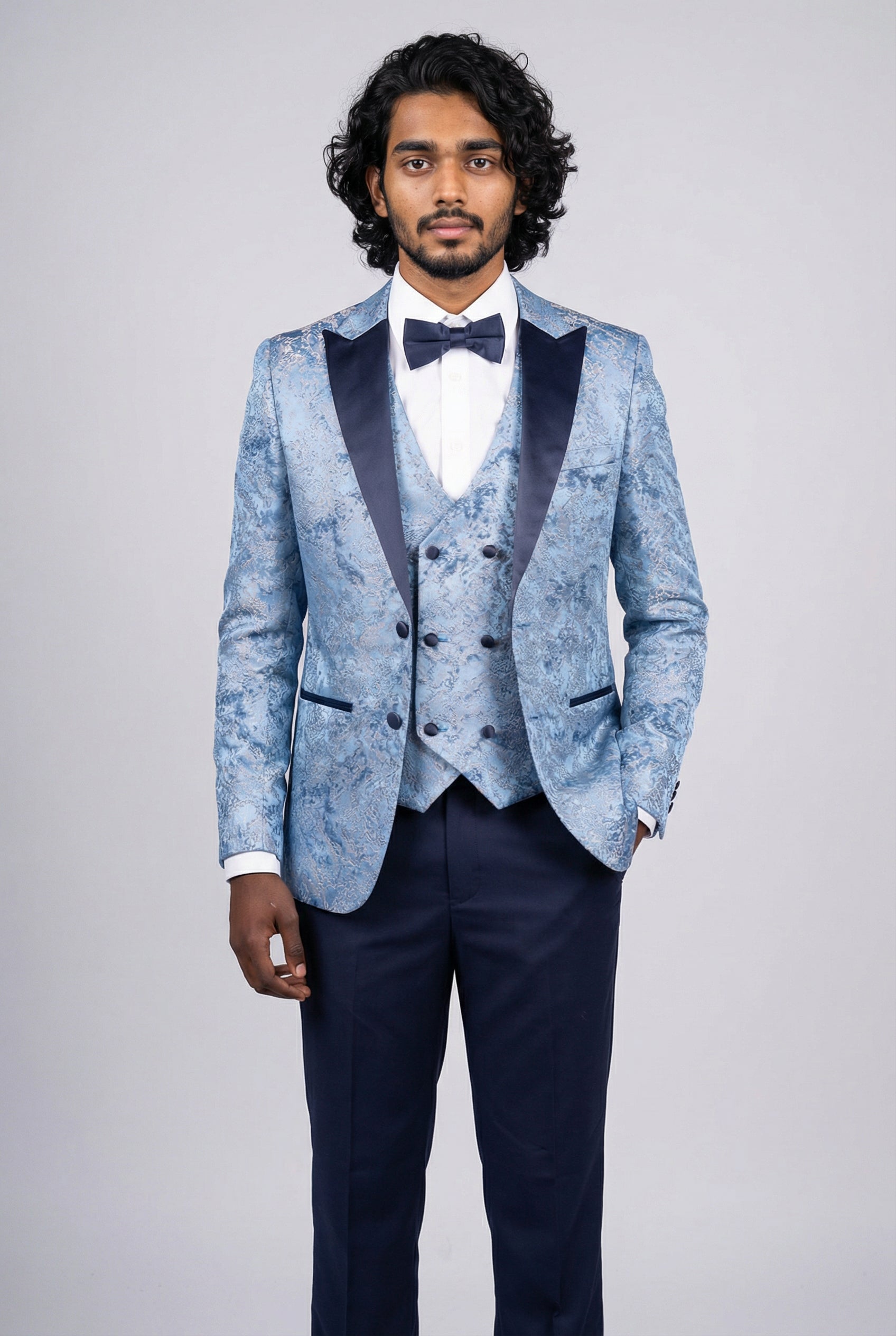 Costume smoking jacquard en mélange de coton 4 pièces pour homme avec gilet croisé - Vincent - Bleu