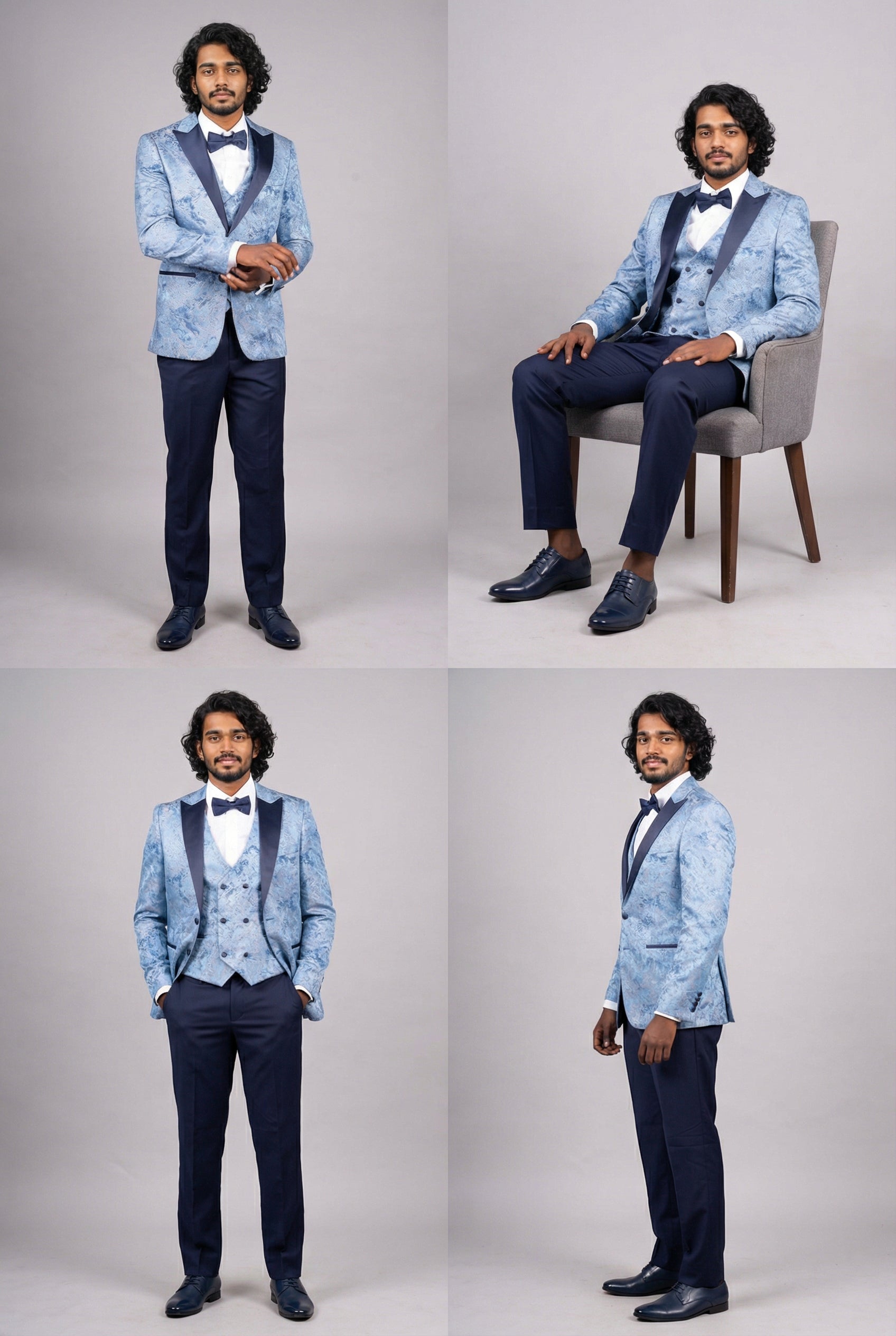 Men’s 4-Piece Cotton Blend Jacquard Tuxedo Suit with Double Breasted Waistcoat - Vincent -Blue  