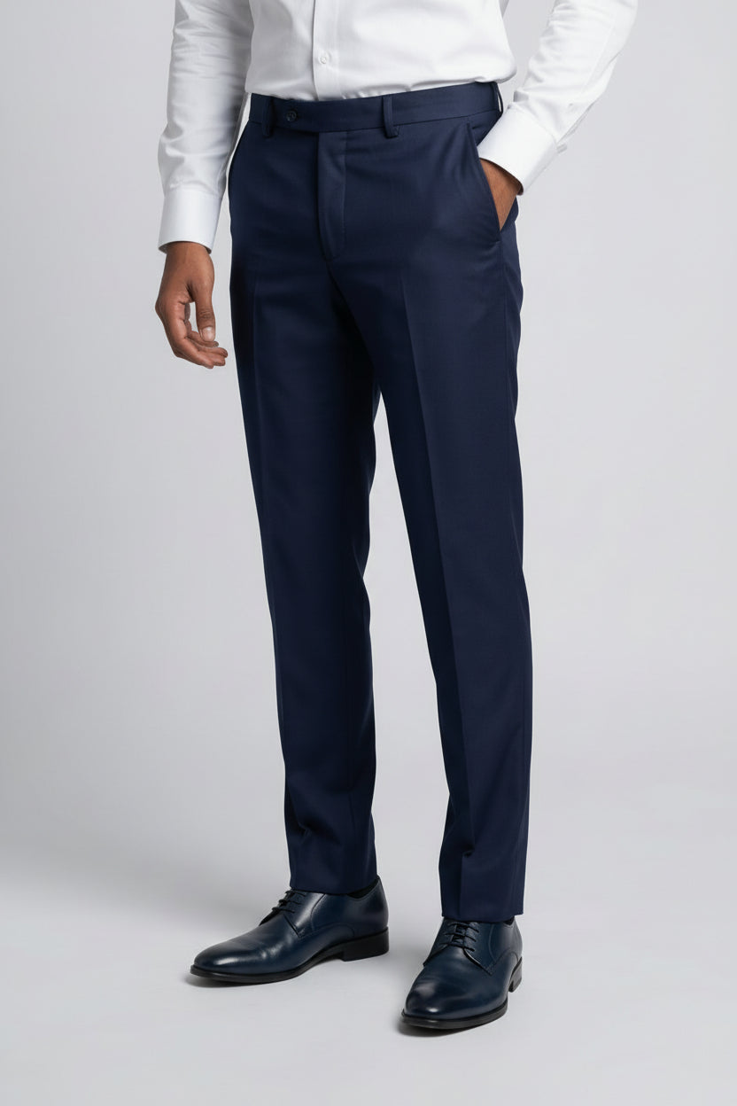 Men’s 4-Piece Cotton Blend Jacquard Tuxedo Suit with Double Breasted Waistcoat - Vincent -Blue Trousers Picture