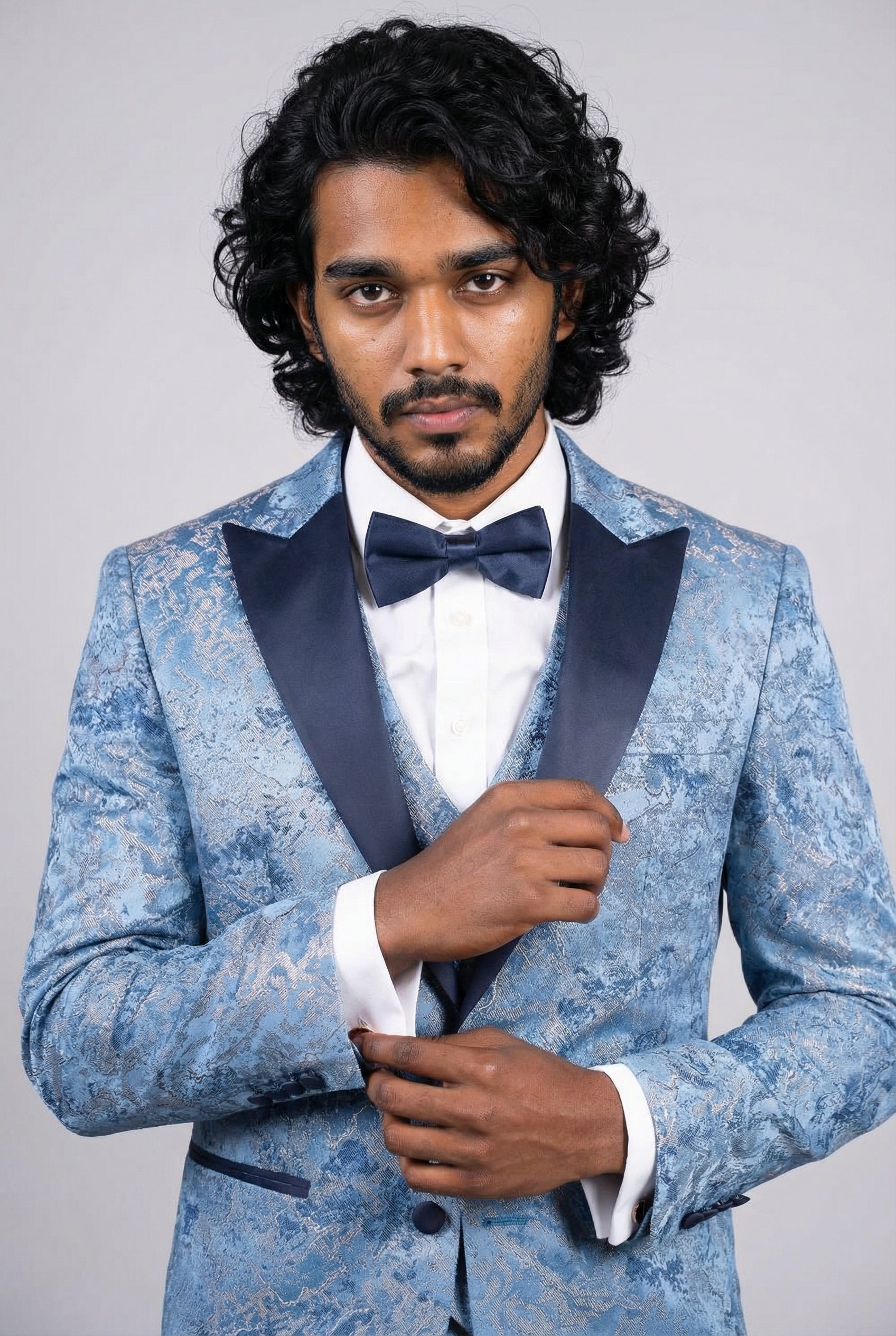 Men’s 4-Piece Cotton Blend Jacquard Tuxedo Suit with Double Breasted Waistcoat - Vincent -Blue Detail Picture