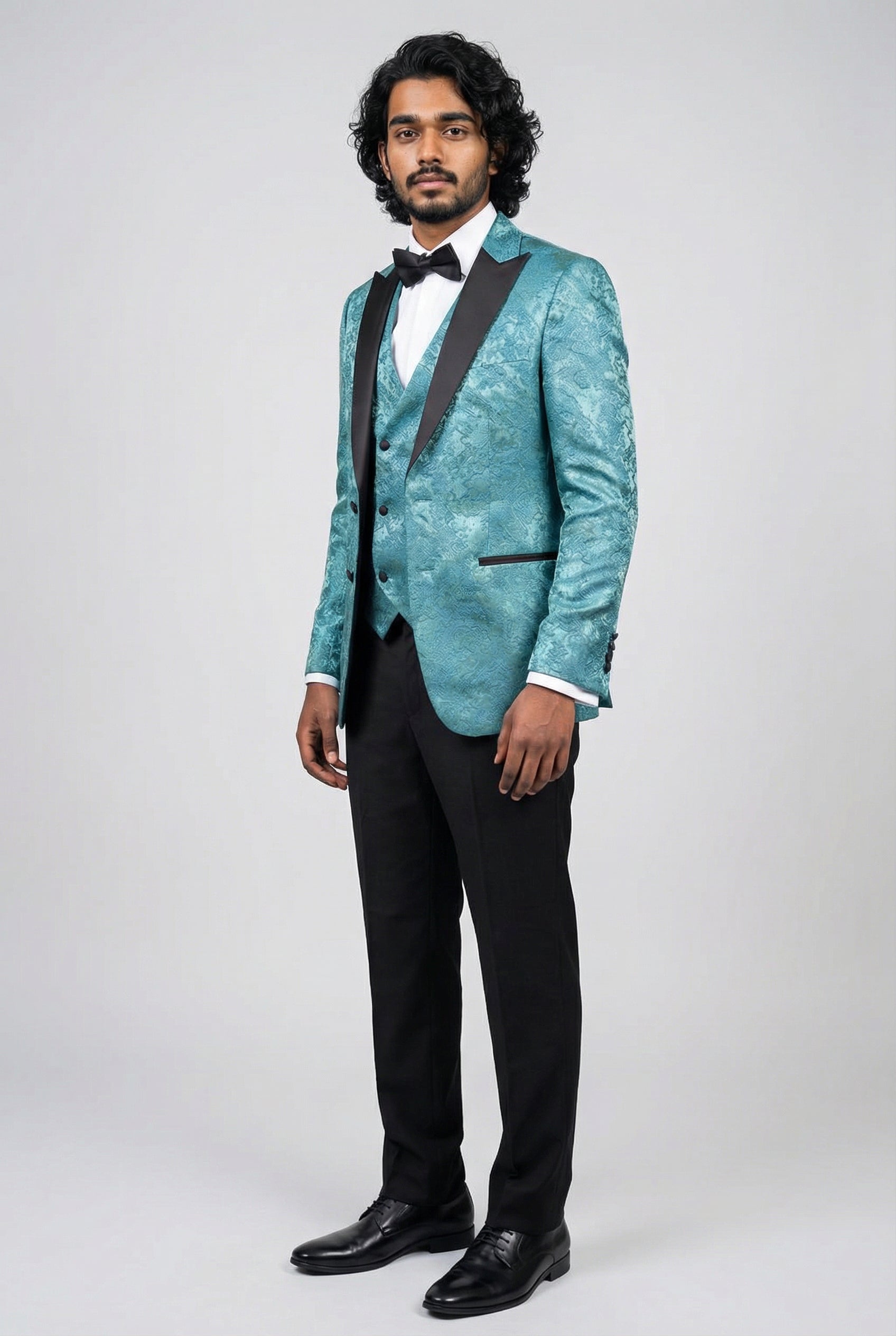 Men’s 4-Piece Cotton Blend Jacquard Tuxedo Suit with Double Breasted Waistcoat - Vincent -Green Side Picture