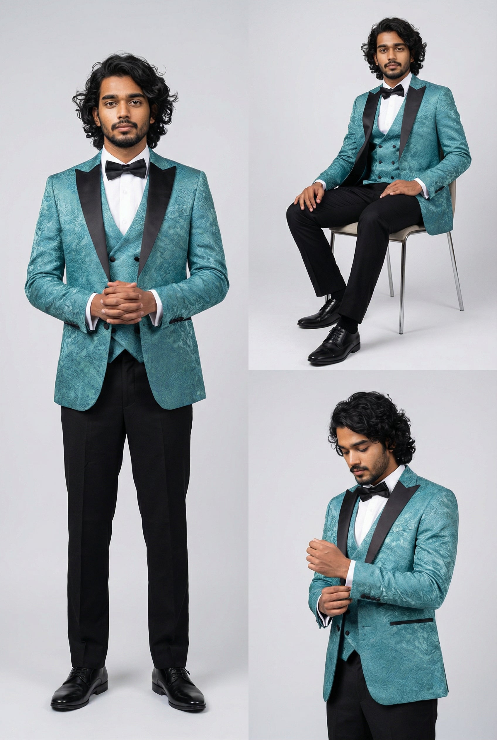 Men’s 4-Piece Cotton Blend Jacquard Tuxedo Suit with Double Breasted Waistcoat - Vincent -Green