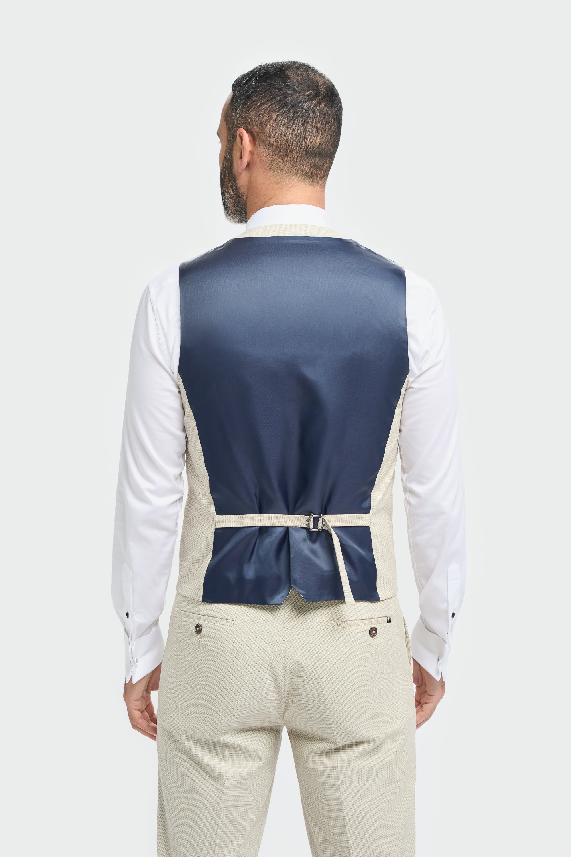 Men’s Beige Cotton Microcheck Waistcoat - Hampton Waistcoat Back Picture