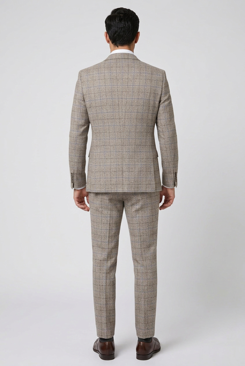 Herren Beige Prince of Wales Karo 3-teiliger Anzug – Slim Fit Hochzeitsanzug mit doppelt geknöpfter Weste