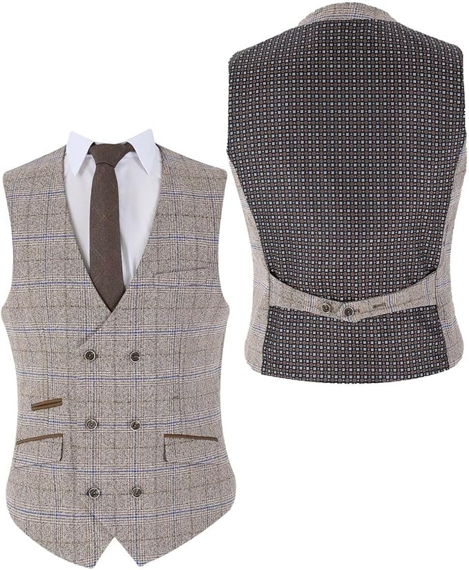 Herren Beige Prince of Wales Karo 3-teiliger Anzug – Slim Fit Hochzeitsanzug mit doppelt geknöpfter Weste