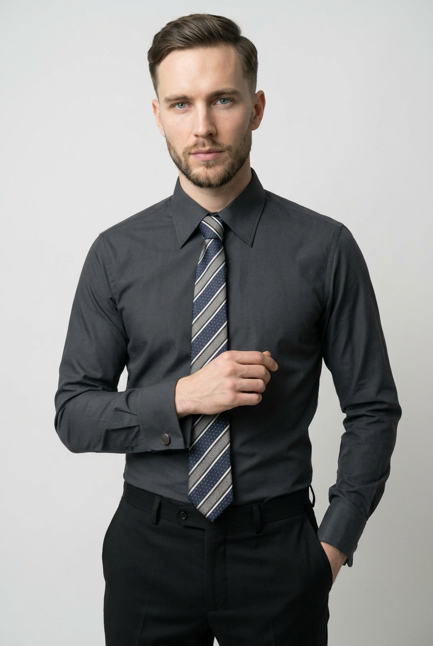 Ensemble chemise formelle noire pour homme avec cravate rayée et boutons de manchette