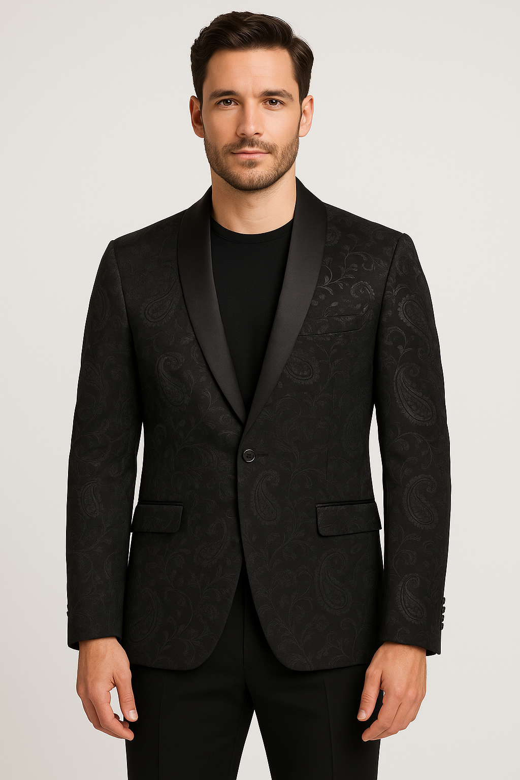 Men’s Black Paisley Slim Fit Shawl Lapel Jacket Model Picture