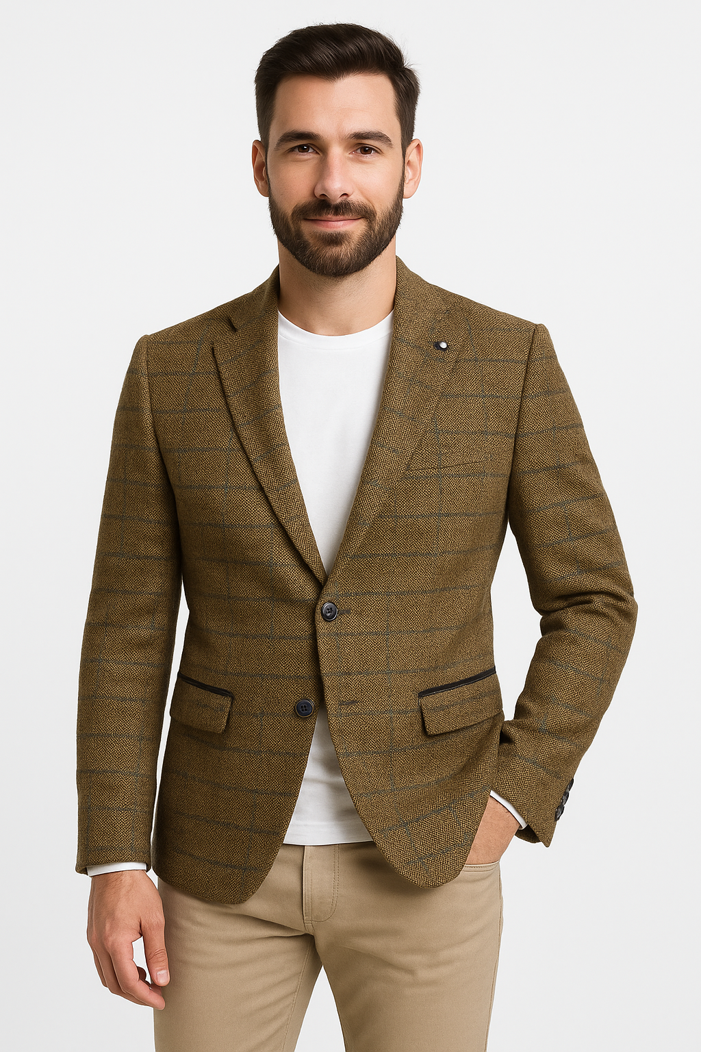 Blazer homme en laine à carreaux marron avec bordure bleu marine – Coupe décontractée chic